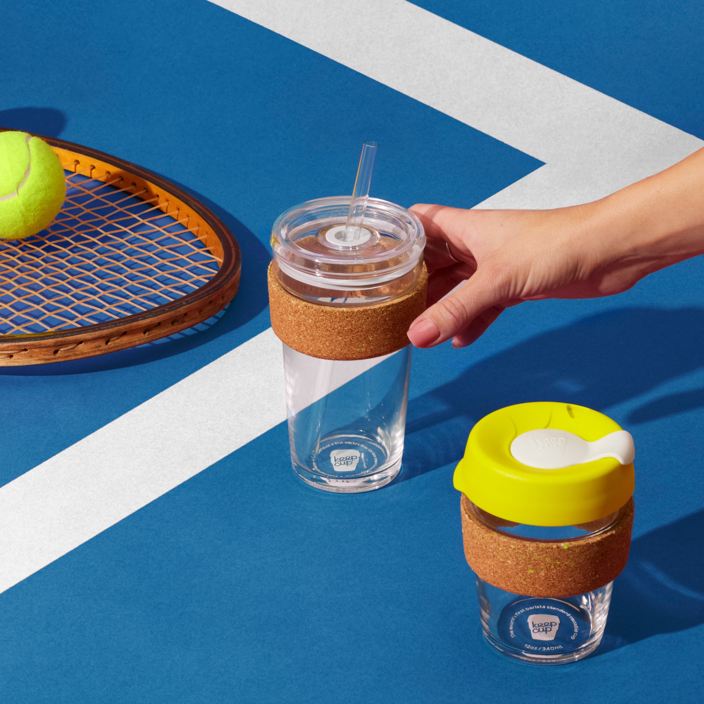 KeepCup Ace Range reusable coffee cups made from cork and recycled tennis balls, featuring sustainable brew and cold cup designs with natural cork bands