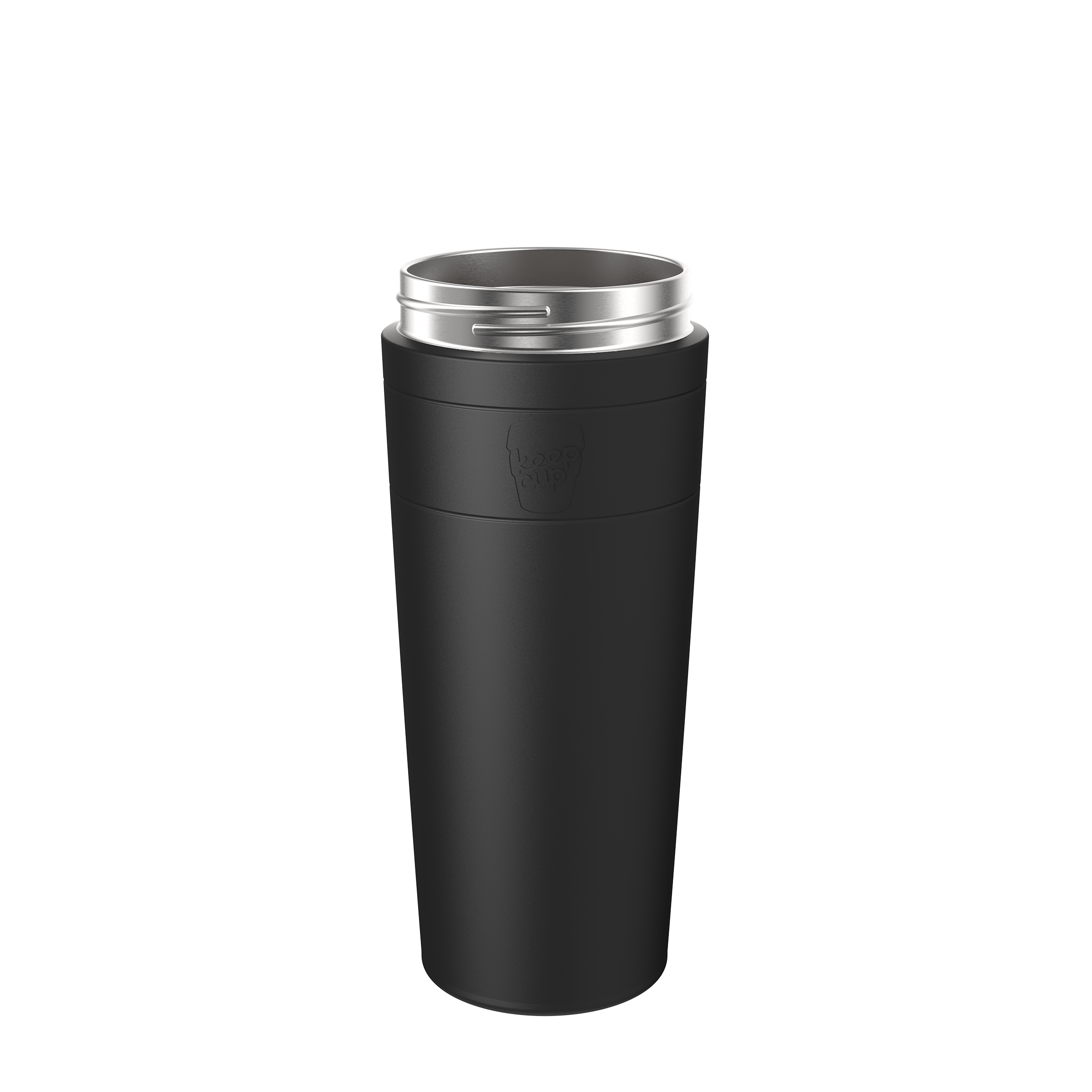 KeepCup Helix Stainless Steel Base in Black, XL 20oz, shown at a slight angle against a white background, featuring a matte black exterior with embossed KeepCup logo and stainless steel rim.