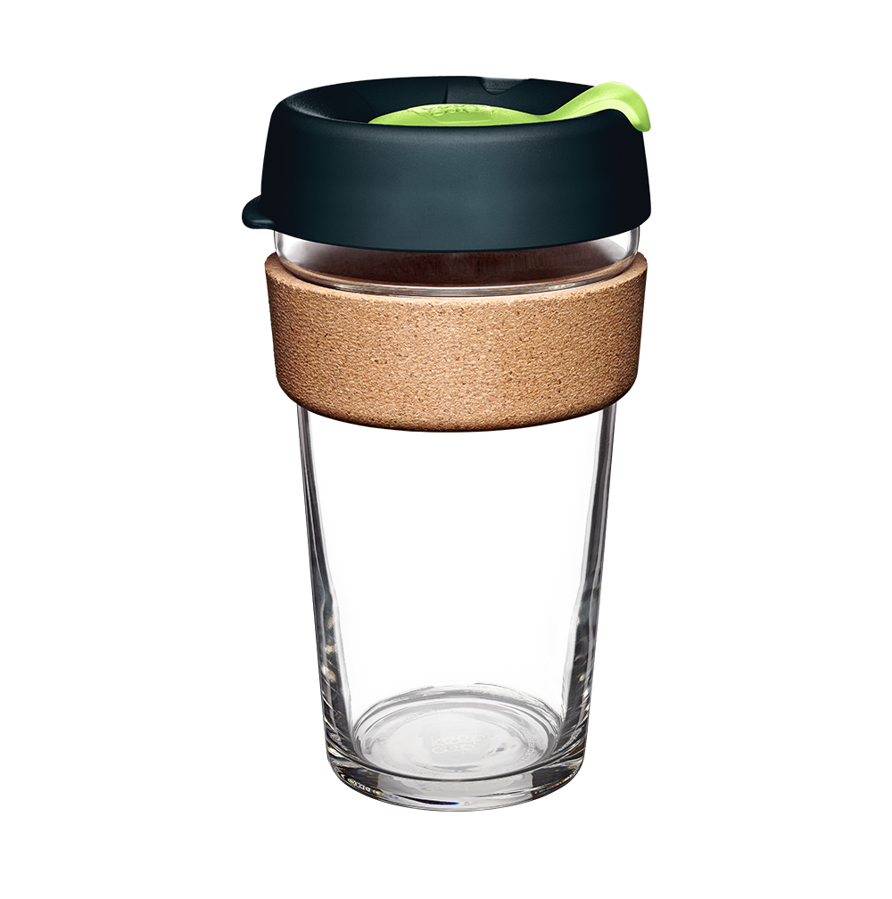 KeepCup Brew Cork L 16oz in Deep, featuring a clear glass cup with natural cork band, dark charcoal lid and bright green plug, shown against a white background.