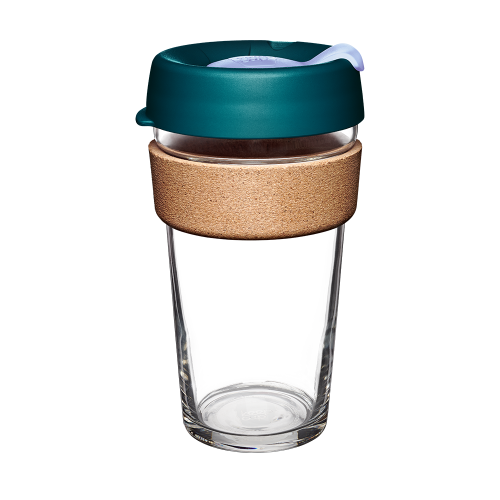 KeepCup Brew Cork L 16oz in Eventide, featuring a clear glass body with natural cork band and deep teal lid with light-coloured sipper, shown against a white background.