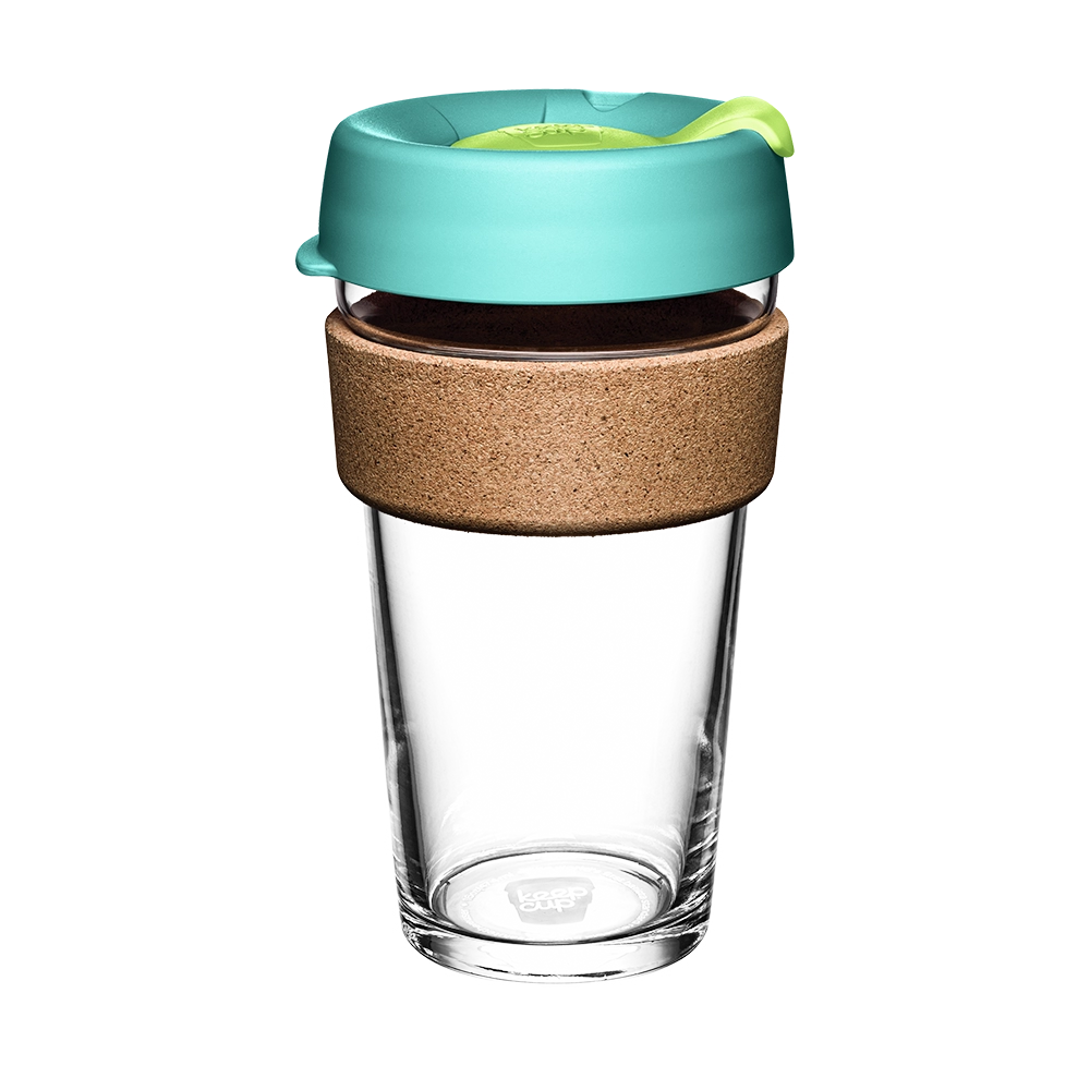 KeepCup Brew Cork L 16oz in Matcha, featuring a clear glass cup with natural cork band and teal lid with lime green plug, shown against a white background.