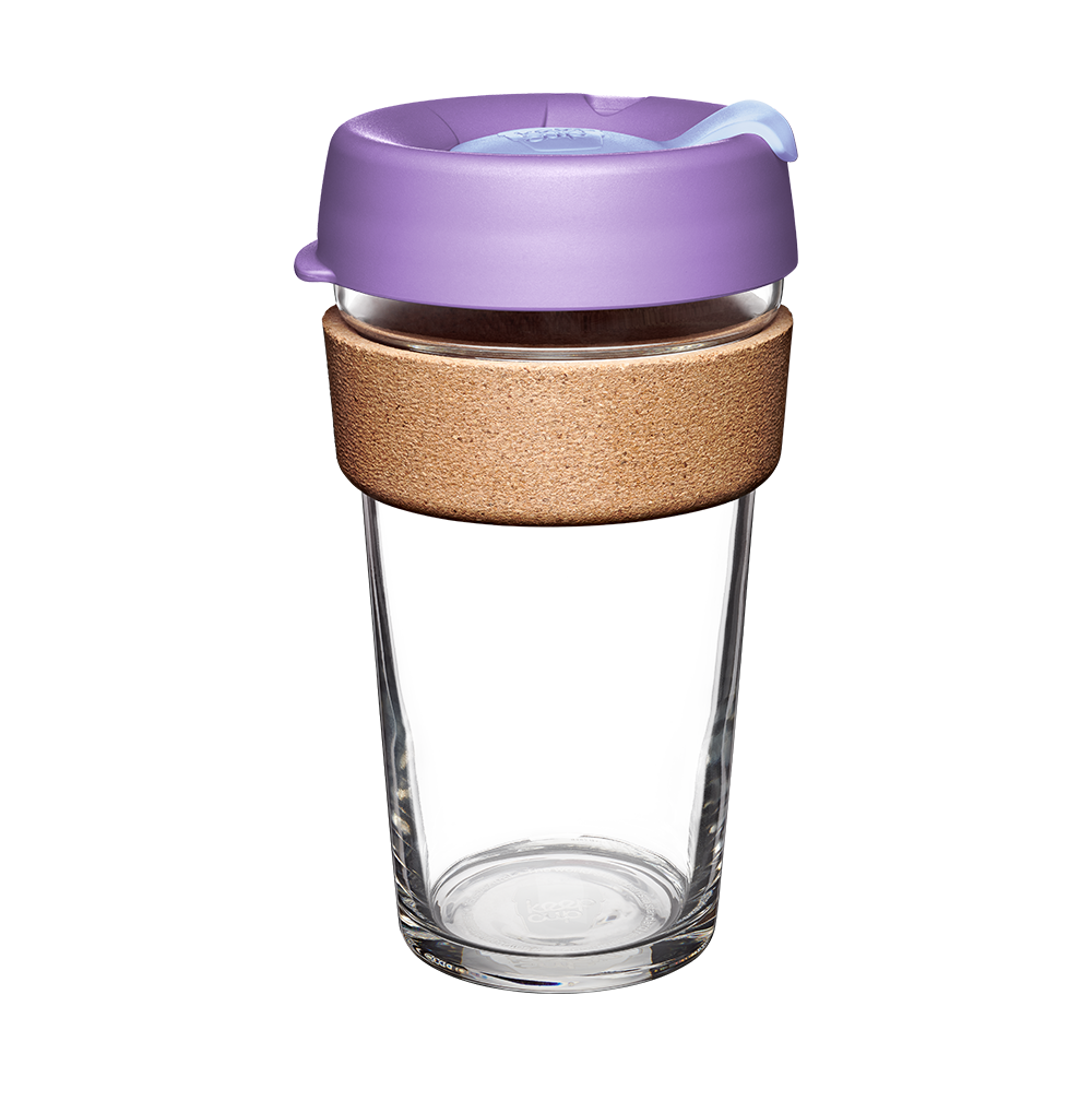 KeepCup Brew Cork L 16oz in Moonlight, featuring a clear tempered glass cup with a natural cork band and lavender-coloured lid with sipper closure, shown against a white background.
