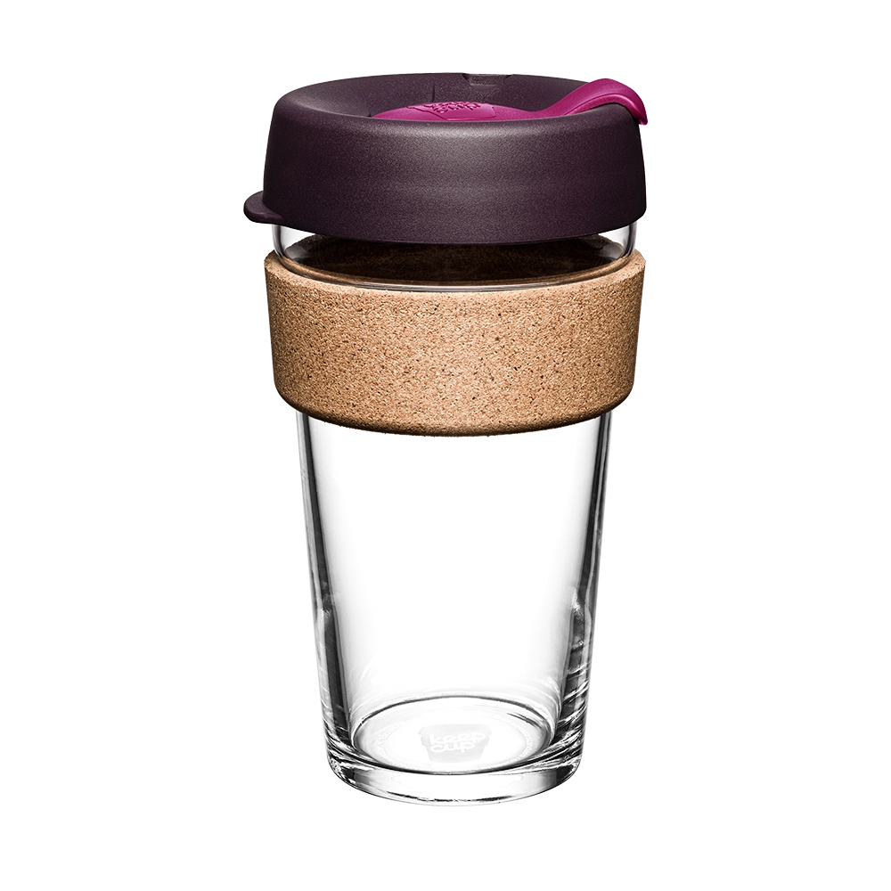 KeepCup Brew Cork L 16oz in Nutmeg, featuring a clear tempered glass cup with natural cork band, dark purple lid and pink plug, shown against a white background in a straight-on product shot.