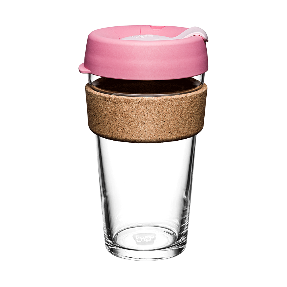 KeepCup Brew Cork L 16oz in Saskatoon, featuring a clear tempered glass cup with a natural cork band and pink silicone lid with sip hole, shown against a white background.