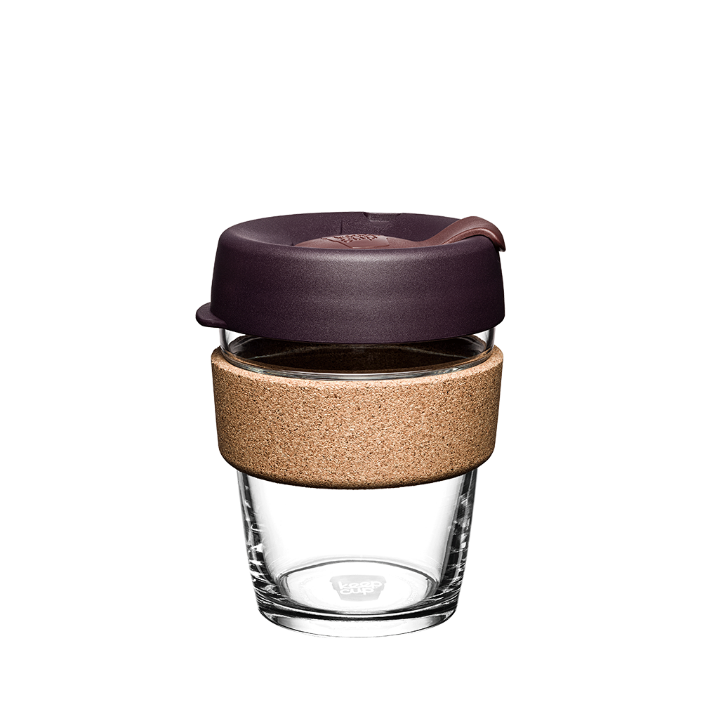 KeepCup Brew Cork M 12oz in Alder colour, featuring a clear tempered glass cup with natural cork band and dark plum-coloured lid with sipper, shown against a white background.