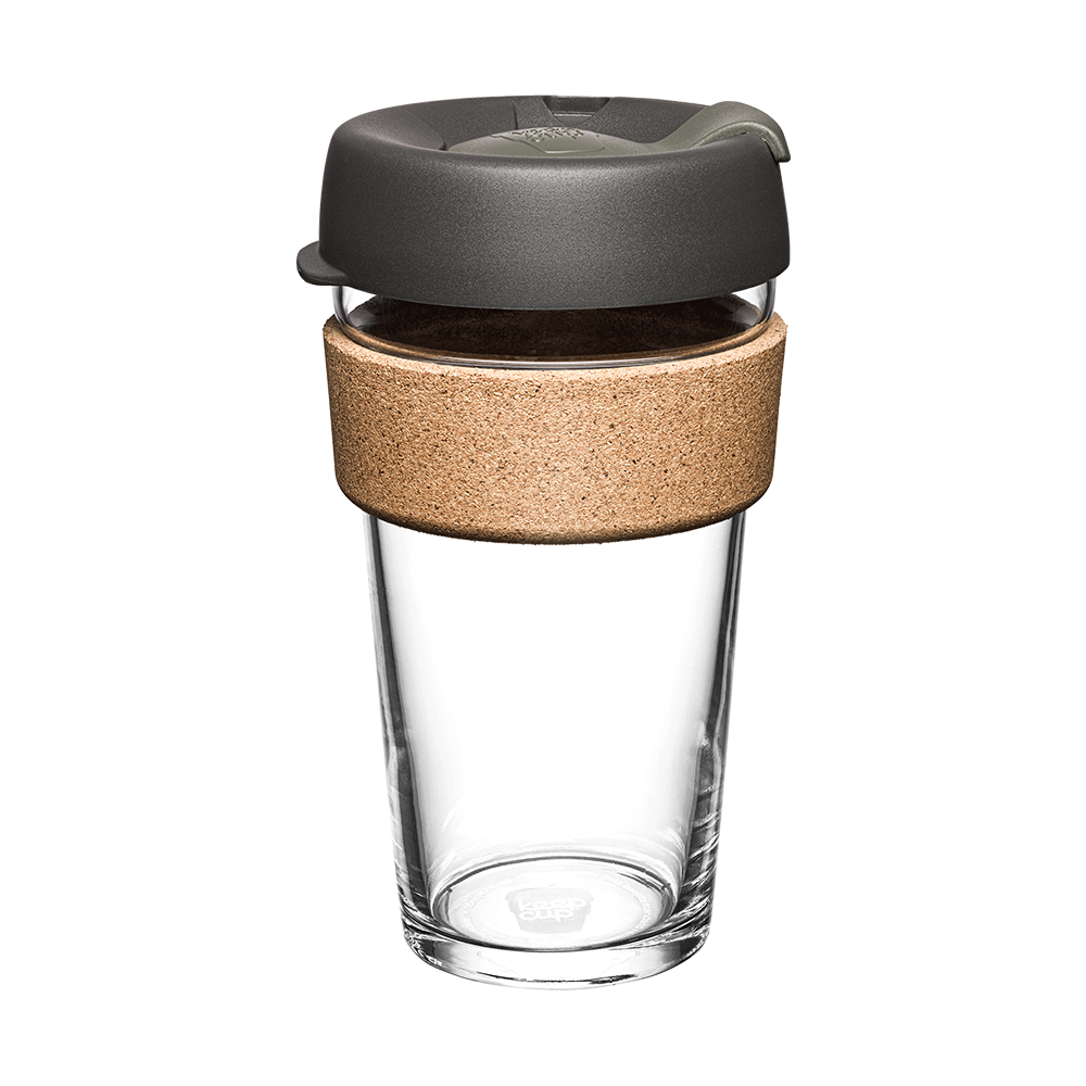 KeepCup Brew Cork L 16oz in Nitro, featuring a clear glass cup with natural cork band and charcoal grey lid, shown on a plain white background.