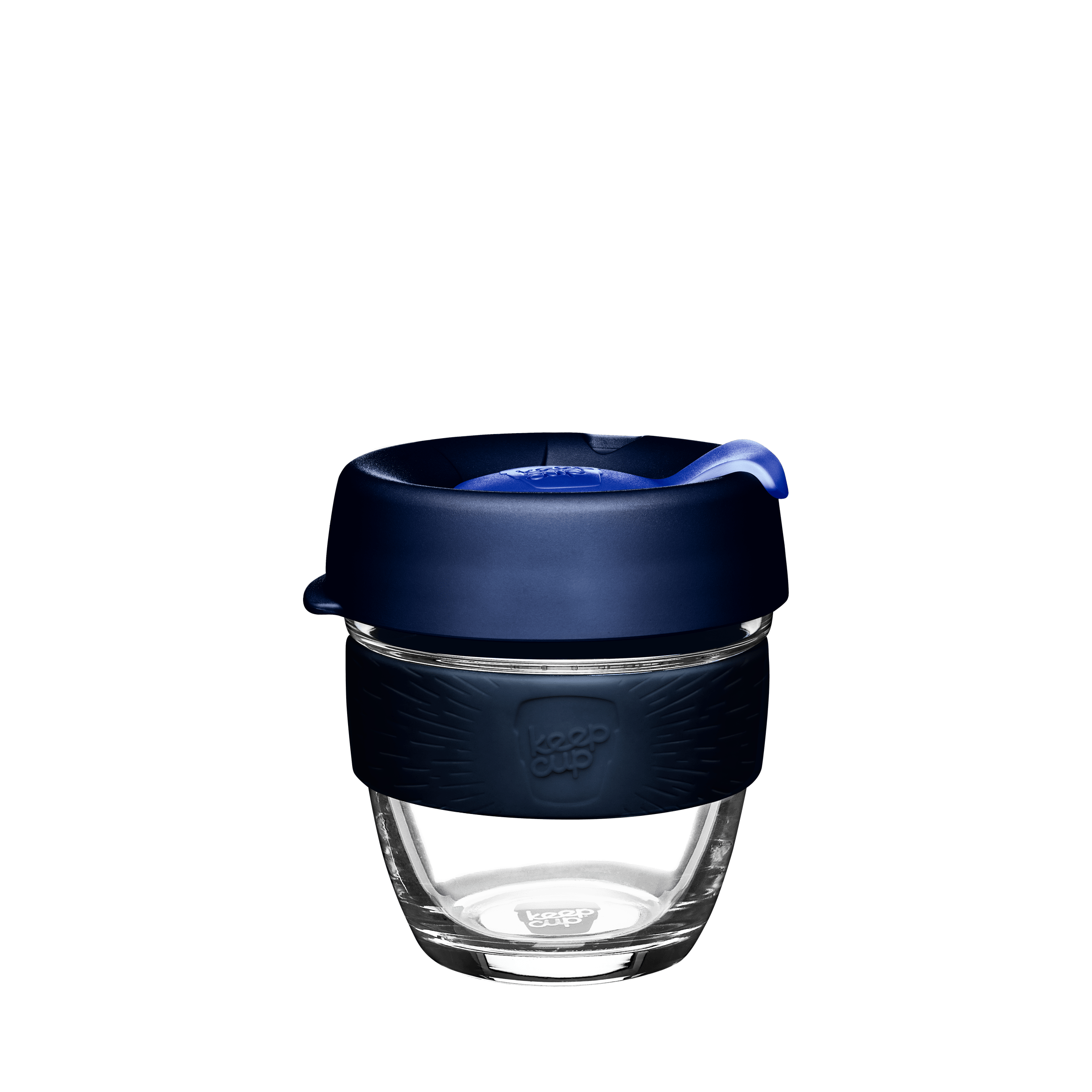 KeepCup Brew S 8oz in Ink colour, featuring a clear glass cup with navy blue silicone band and dark blue lid with matching plug, shown against a white background.