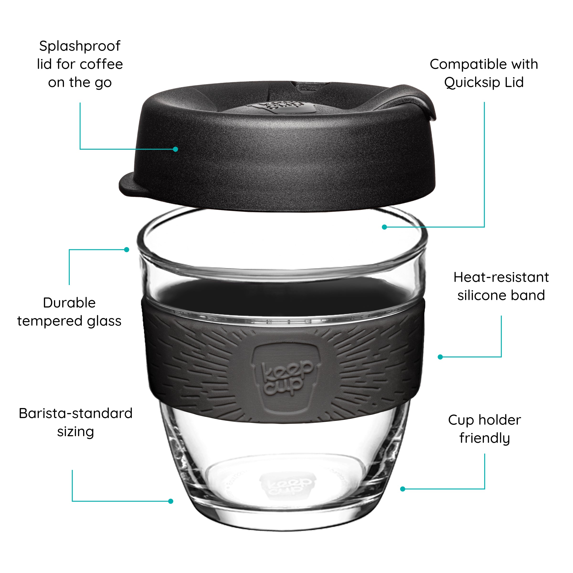 KeepCup reusable glass cup with a black lid and black band on a white background that features text