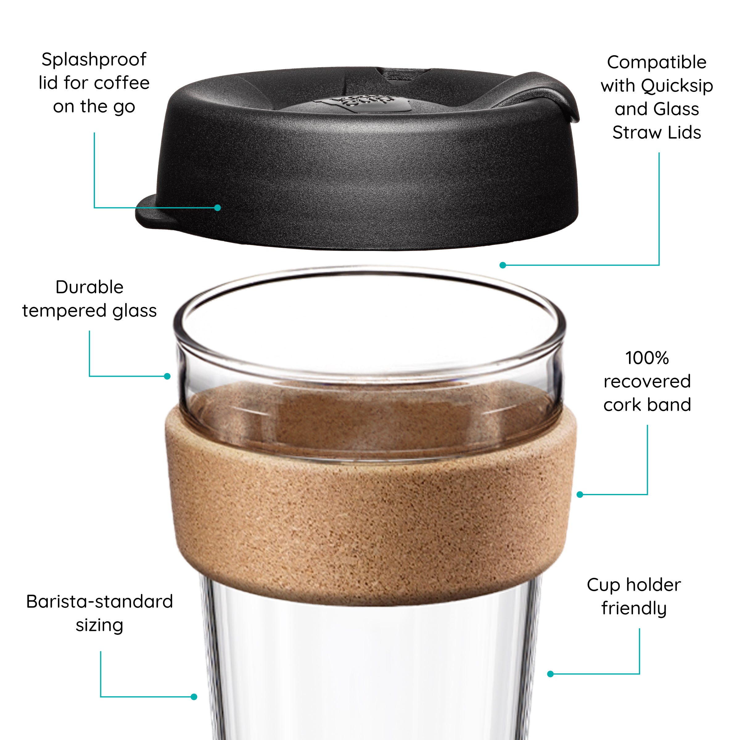 KeepCup glass coffee cup with cork band and black lid, featuring text on a white background.
