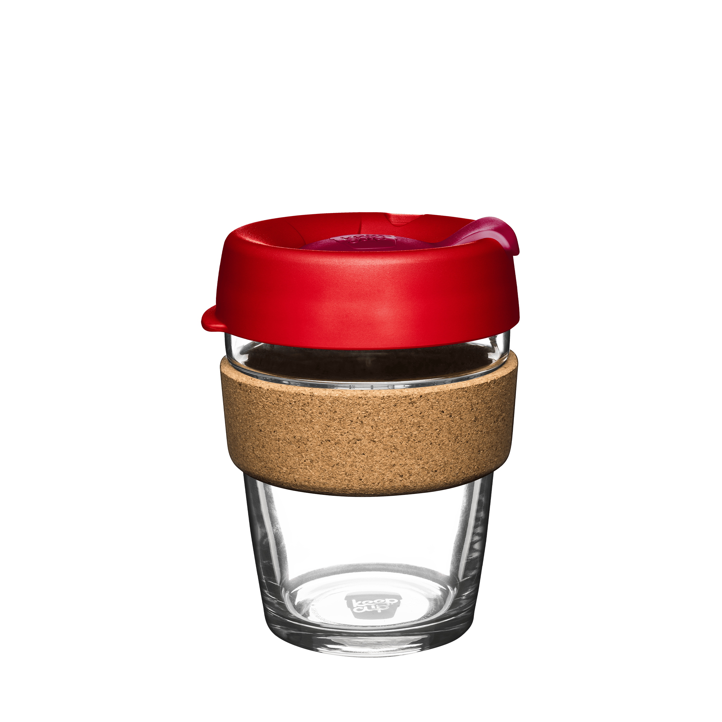 KeepCup Brew Cork M 12oz in Dawnbreak, featuring a clear tempered glass cup with natural cork band and red lid with sipper opening, shown from a straight-on angle against a white background.