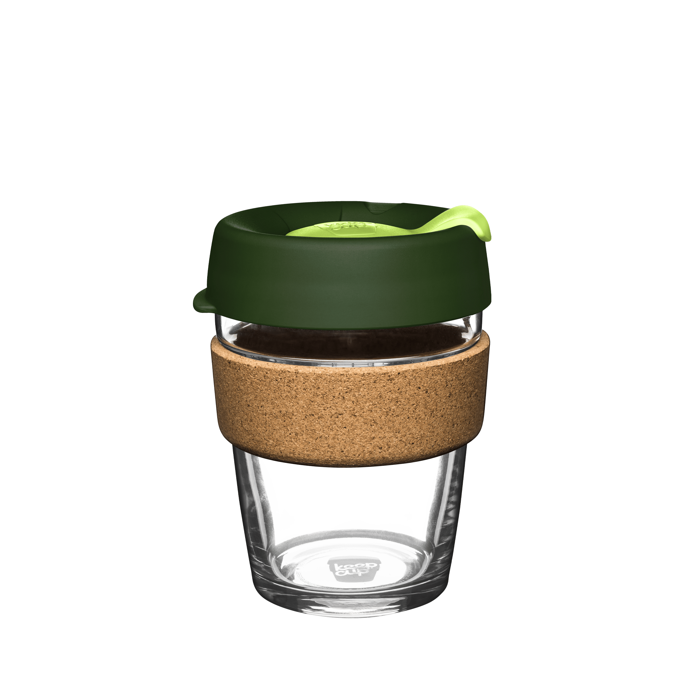 KeepCup Brew Cork M 12oz in Geisha, featuring a clear tempered glass cup with natural cork band, dark green silicone lid and bright green plug, shown against a white background.