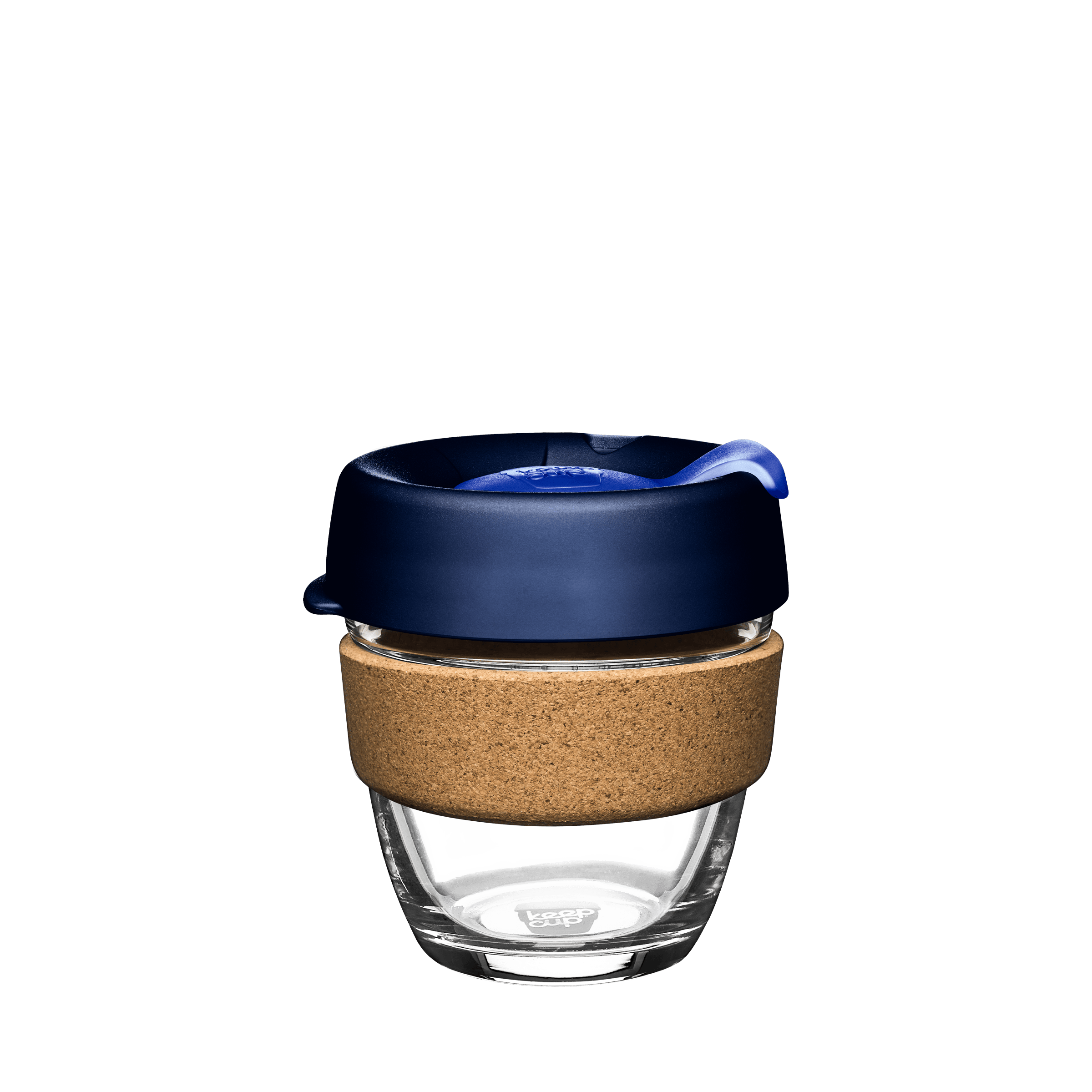 KeepCup Brew Cork S 8oz in Ink, featuring a clear tempered glass cup with natural cork band and dark navy blue lid with sipper closure, shown against a white background.