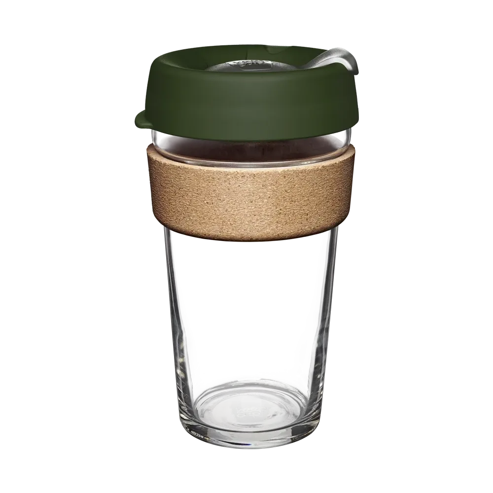 KeepCup Brew Cork L 16oz in Pine, featuring a clear glass cup with natural cork band and olive green lid, shown against a white background.