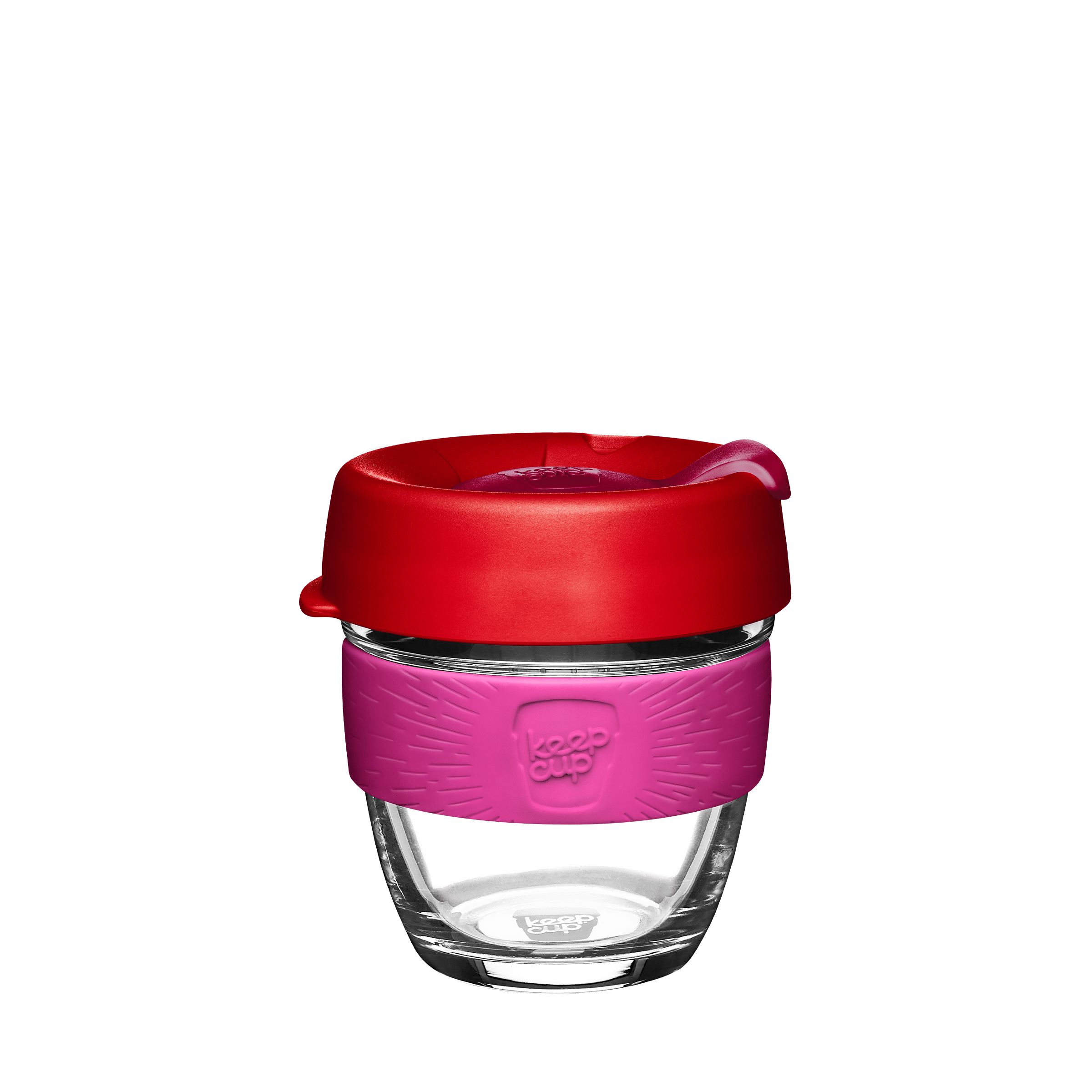 KeepCup reusable coffee cup with clear glass base, pink silicone grip band and red lid with drinking spout