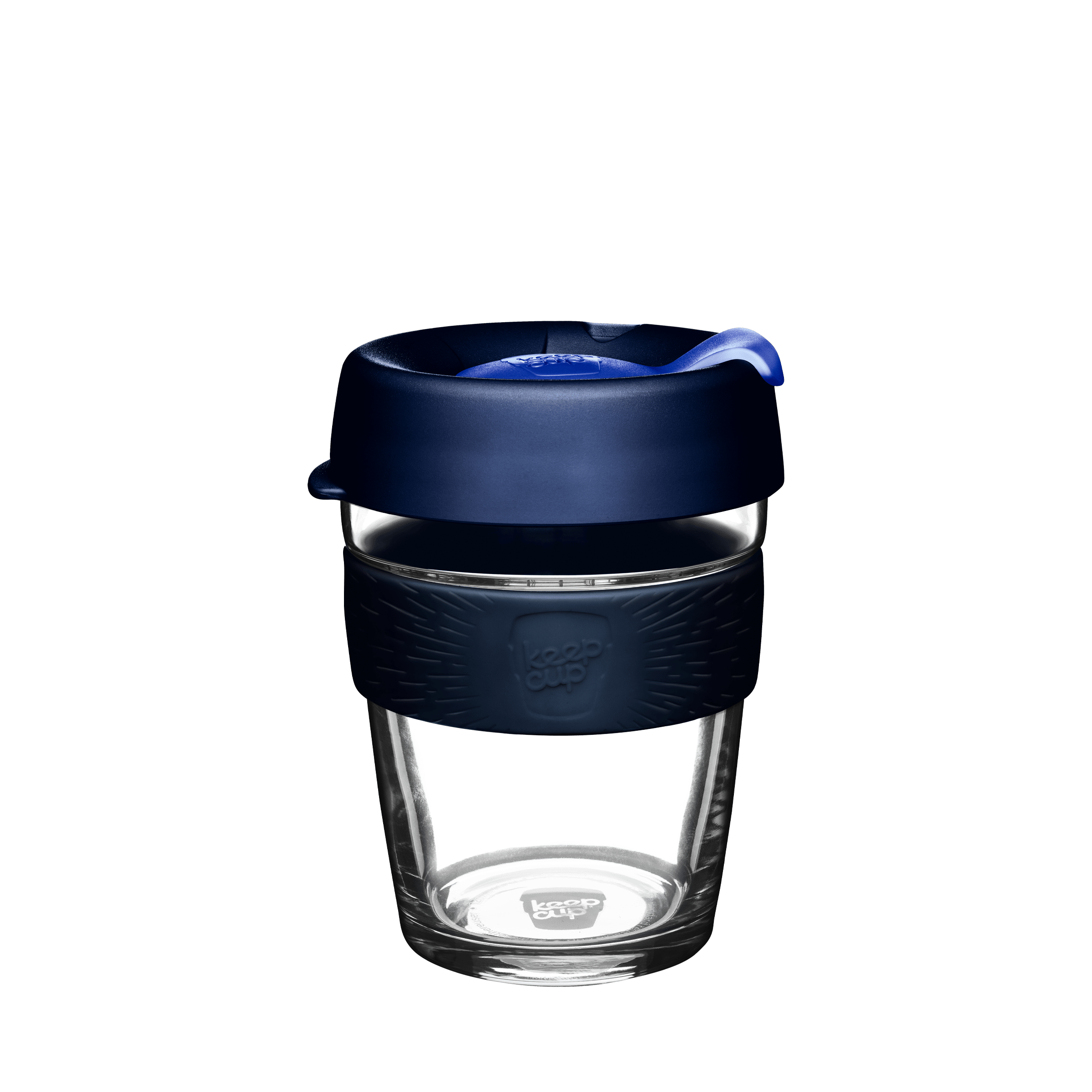 KeepCup Brew M 12oz in Ink colour, featuring a clear glass cup with a navy blue silicone band and dark blue lid with a blue plug, shown against a white background.