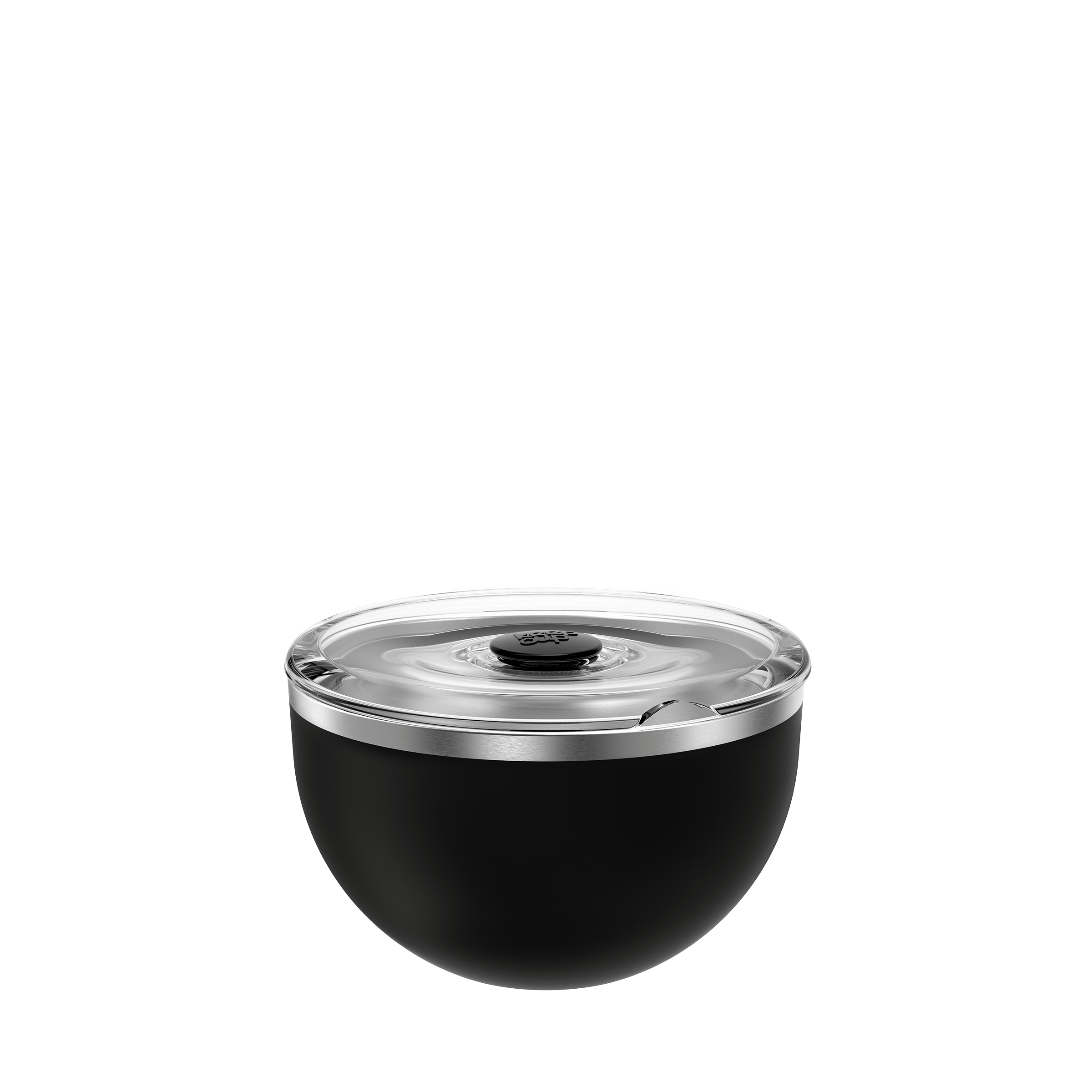 Go Bowl Luxe in Black with flat lid, shown from a front angle on a white background, featuring a matte black bowl base with stainless steel rim and clear plastic lid with central button.