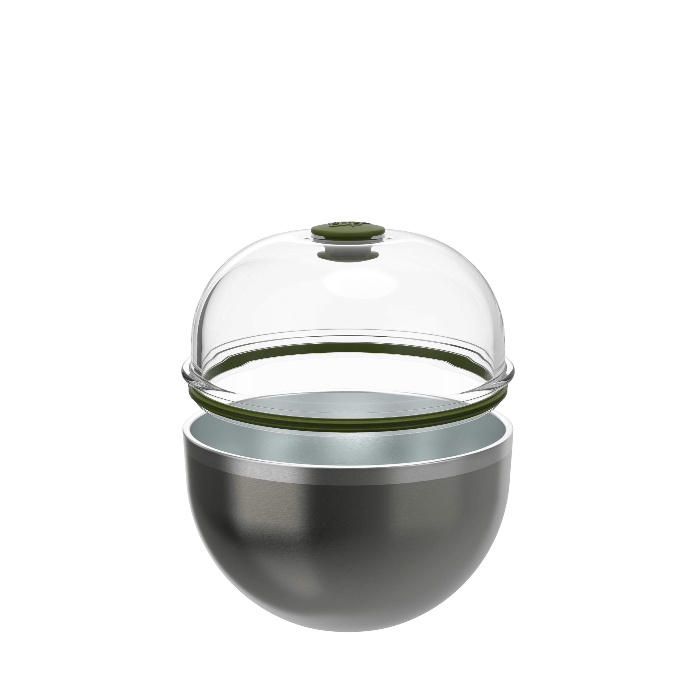 KeepCup Go Bowl Luxe in Nitro Pine shown in an exploded view with the clear dome lid with olive green knob separated from the dark metallic stainless steel bowl base, highlighting the green silicone seal.