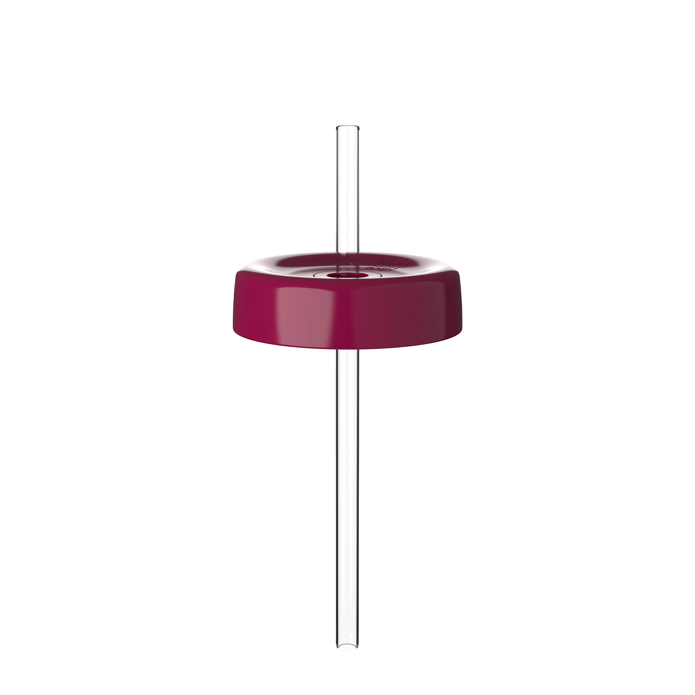 KeepCup Commuter Coffee Straw Lid in deep burgundy, shown from a straight-on angle with a clear reusable straw inserted through the centre hole, displaying the lid's glossy finish and circular design.