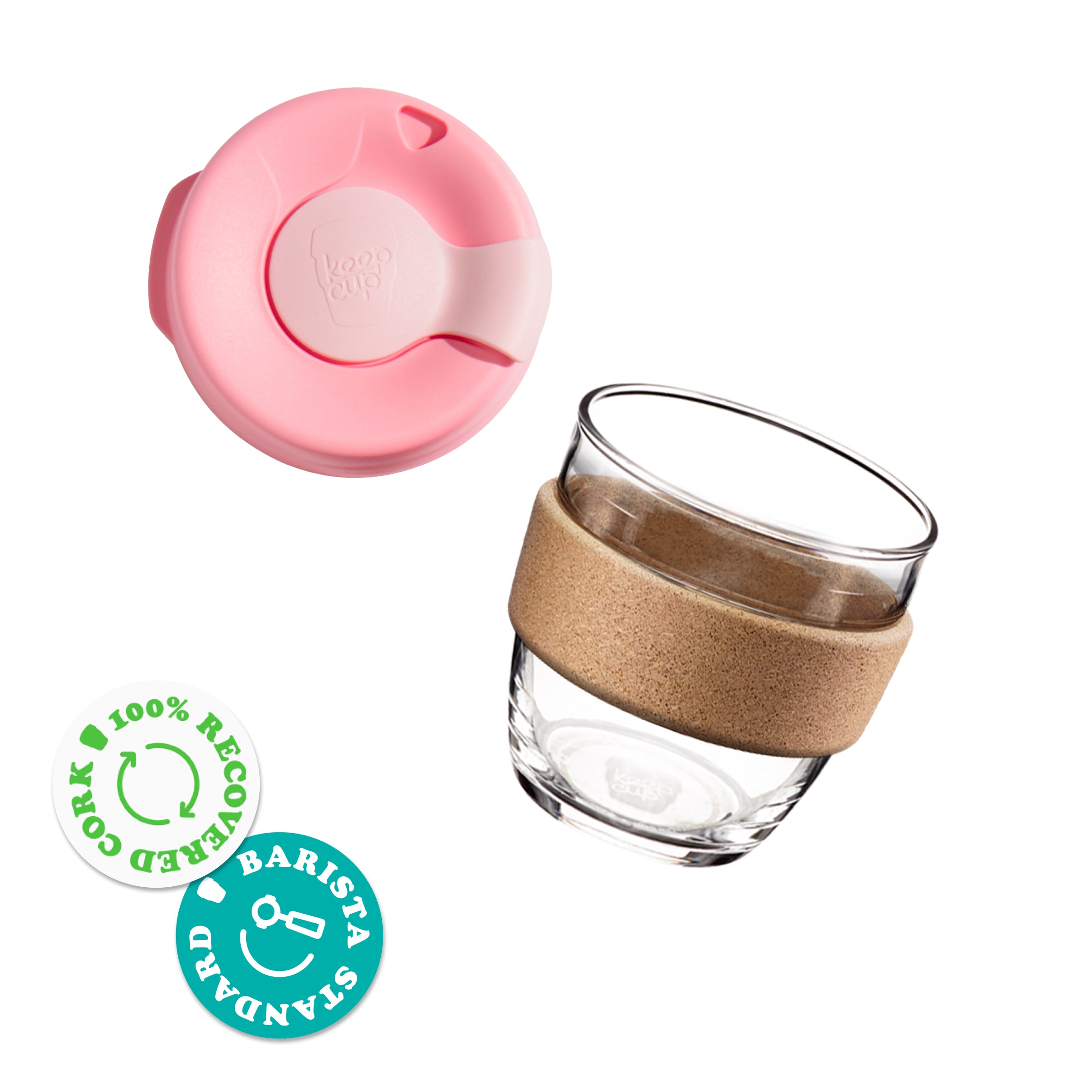 KeepCup Brew Cork S 8oz in Alder colour shown as an exploded view with the pink lid separated from the tempered glass cup featuring a natural cork band, alongside badges indicating 100% recovered cork and barista standard sizing.
