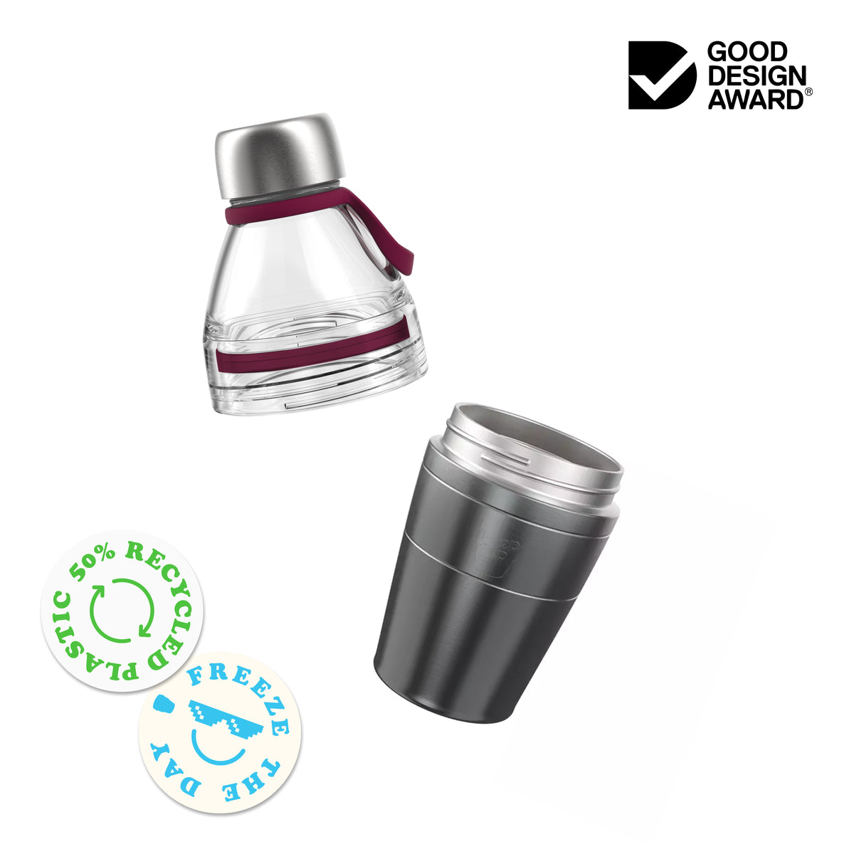 Collapsible water bottle with silver cap and burgundy accents next to grey tumbler cup, showing recycled plastic and freeze-the-day badges