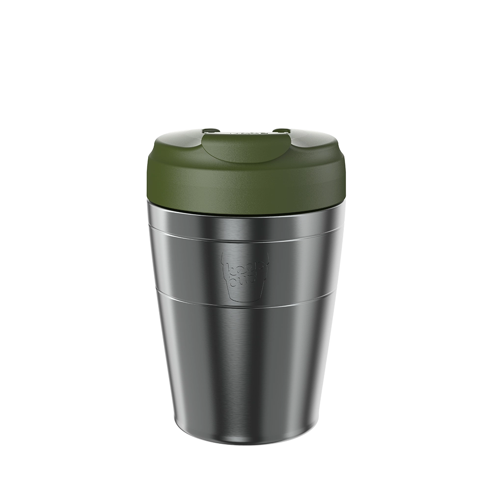 Stainless steel travel mug with a green lid on a white background