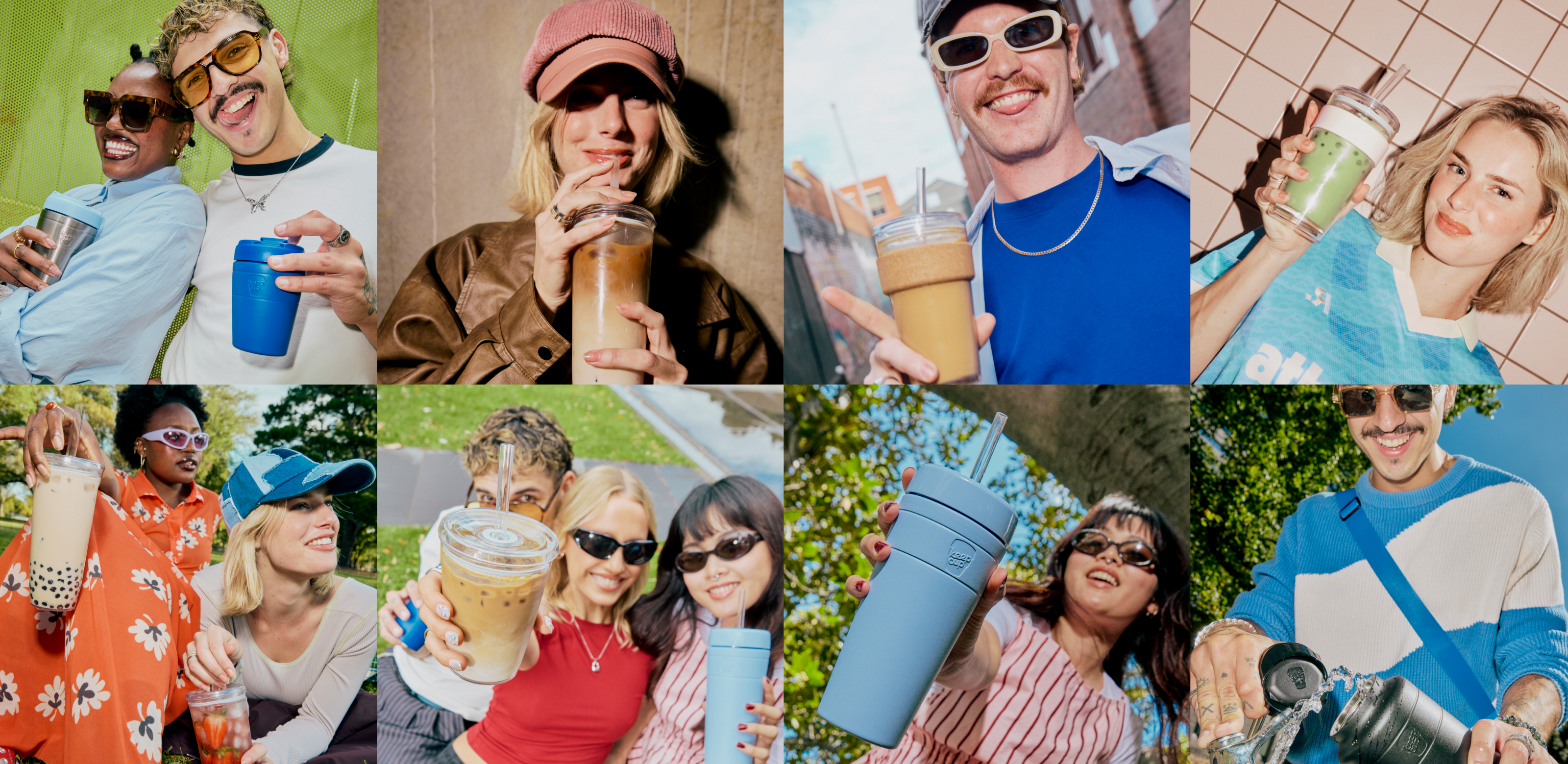 Collage of people enjoying beverages outdoors with a focus on KeepCups.
