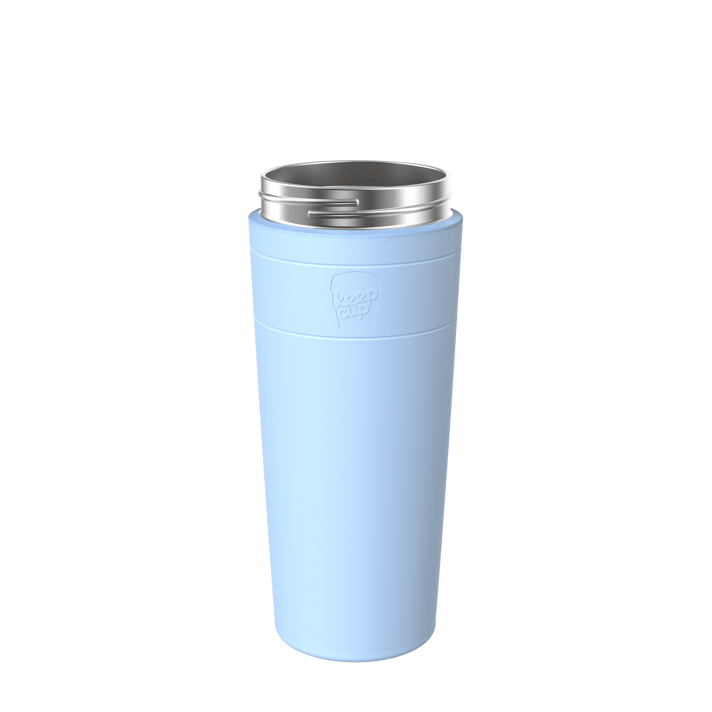 KeepCup Helix Stainless Steel Cup Base in light blue, shown at a slight angle against a white background, featuring the embossed KeepCup logo and stainless steel rim detail.