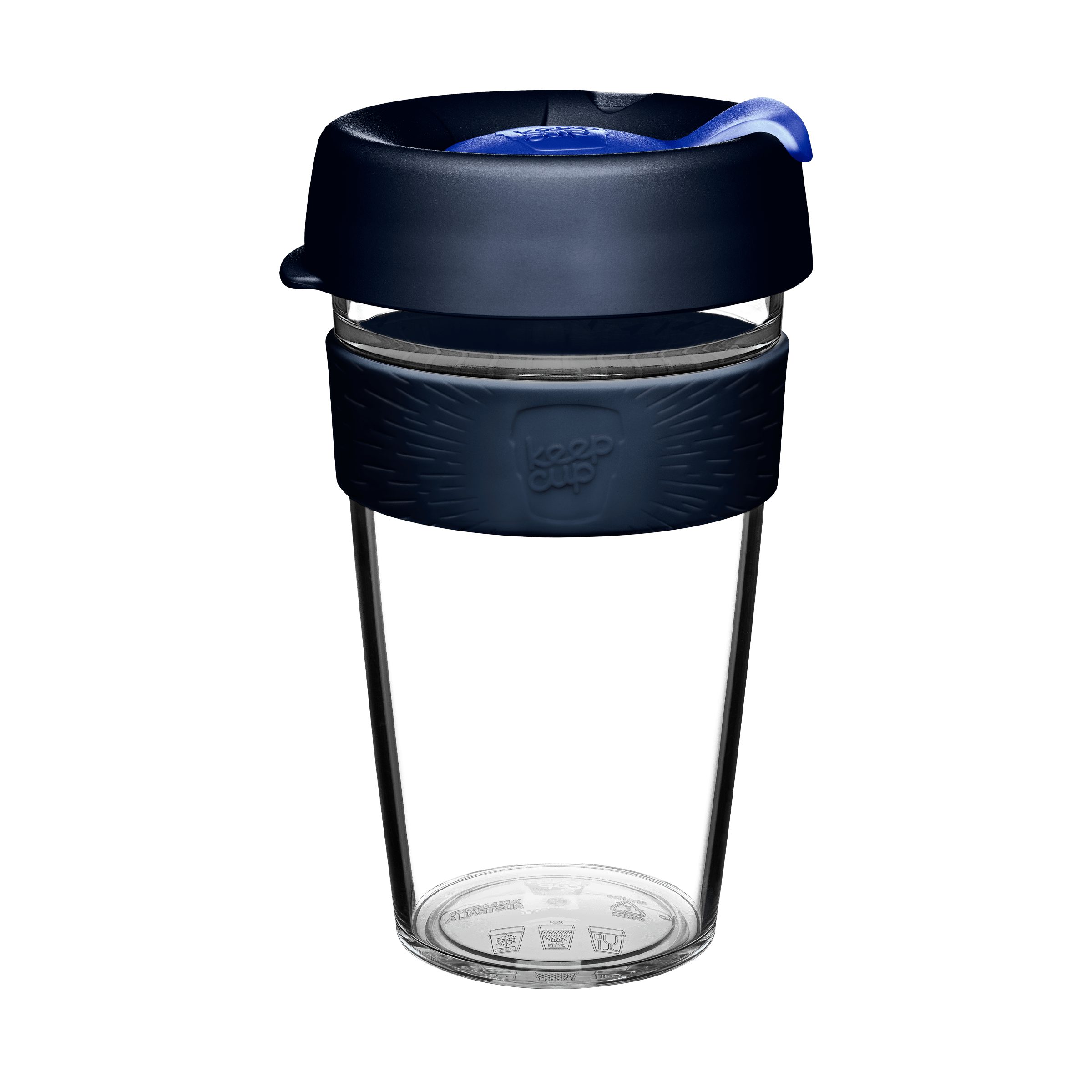 KeepCup Original Clear L 16oz in Ink colour, featuring a clear tritan cup with dark navy lid, blue plug, and steel blue silicone band with embossed KeepCup logo, shown against a white background.