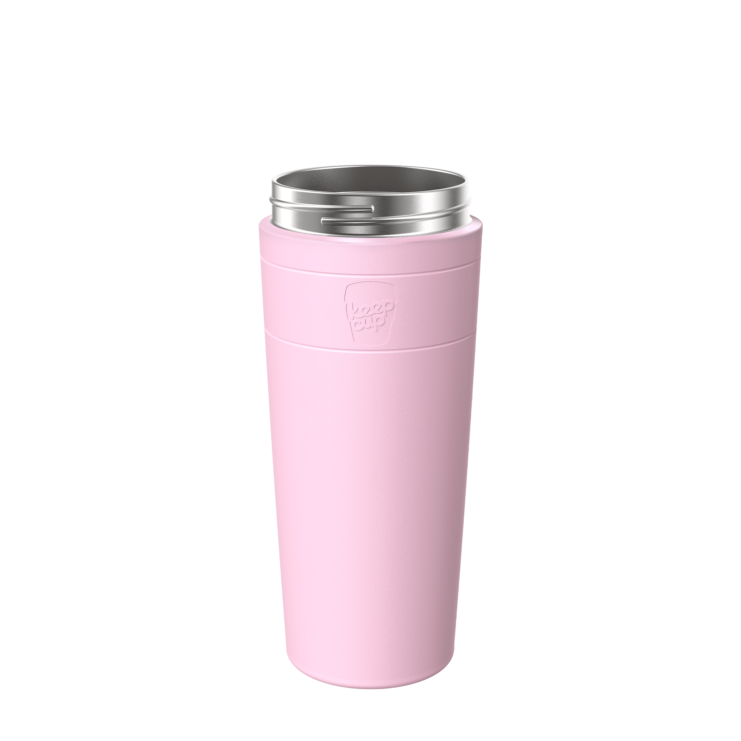 KeepCup Helix Stainless Steel Base XL 20oz in Pashmak Pink, shown at a slight angle against a white background, featuring the embossed KeepCup logo on the soft pink sleeve and stainless steel rim at the top.