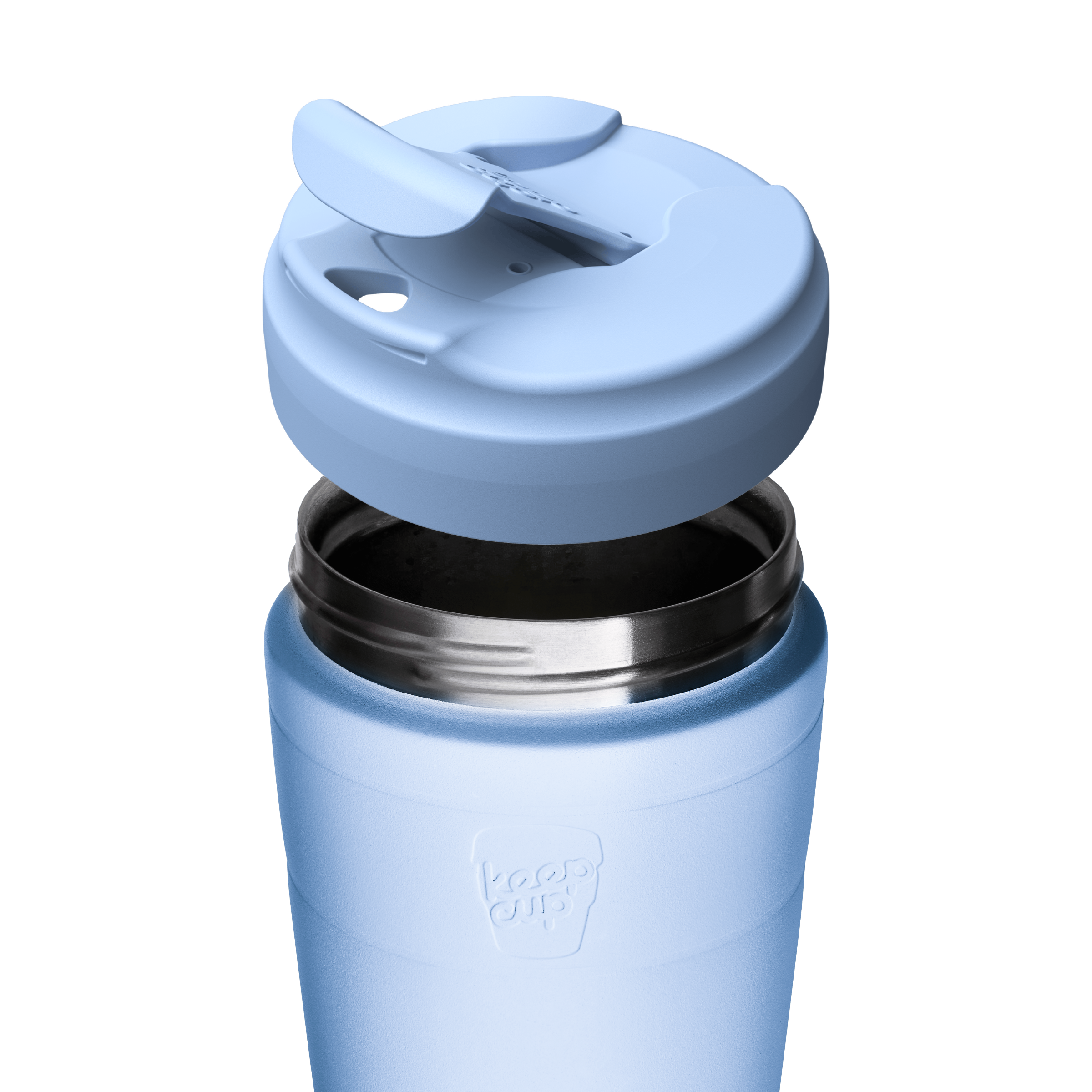 A light blue insulated KeepCup travel mug with a matching lid, shown on a clean white background. The lid is slightly offset to reveal the stainless steel rim and interior.