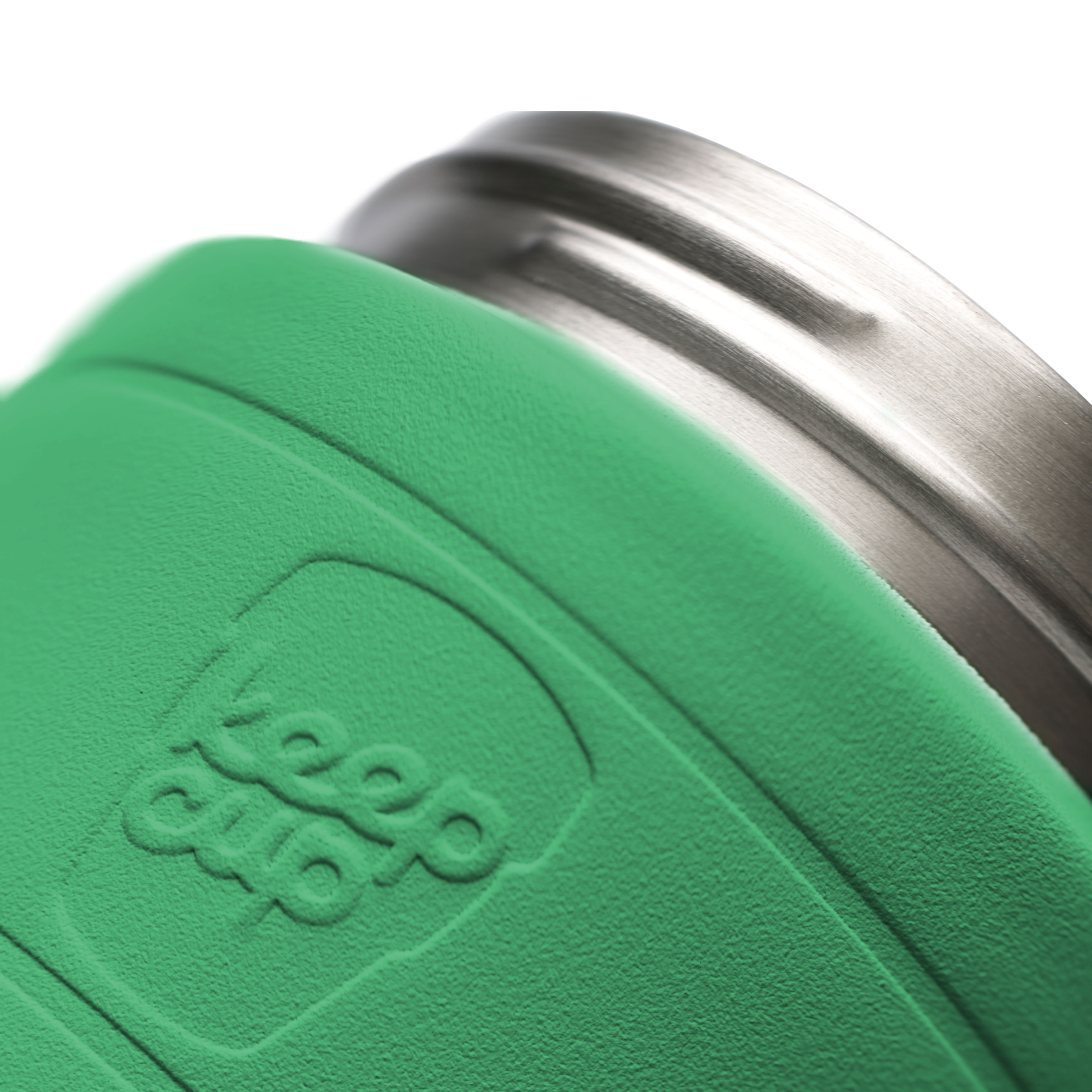 Close-up of a green KeepCup stainless steel base with the embossed 'keep cup' logo, showing a stainless steel rim on a white background.