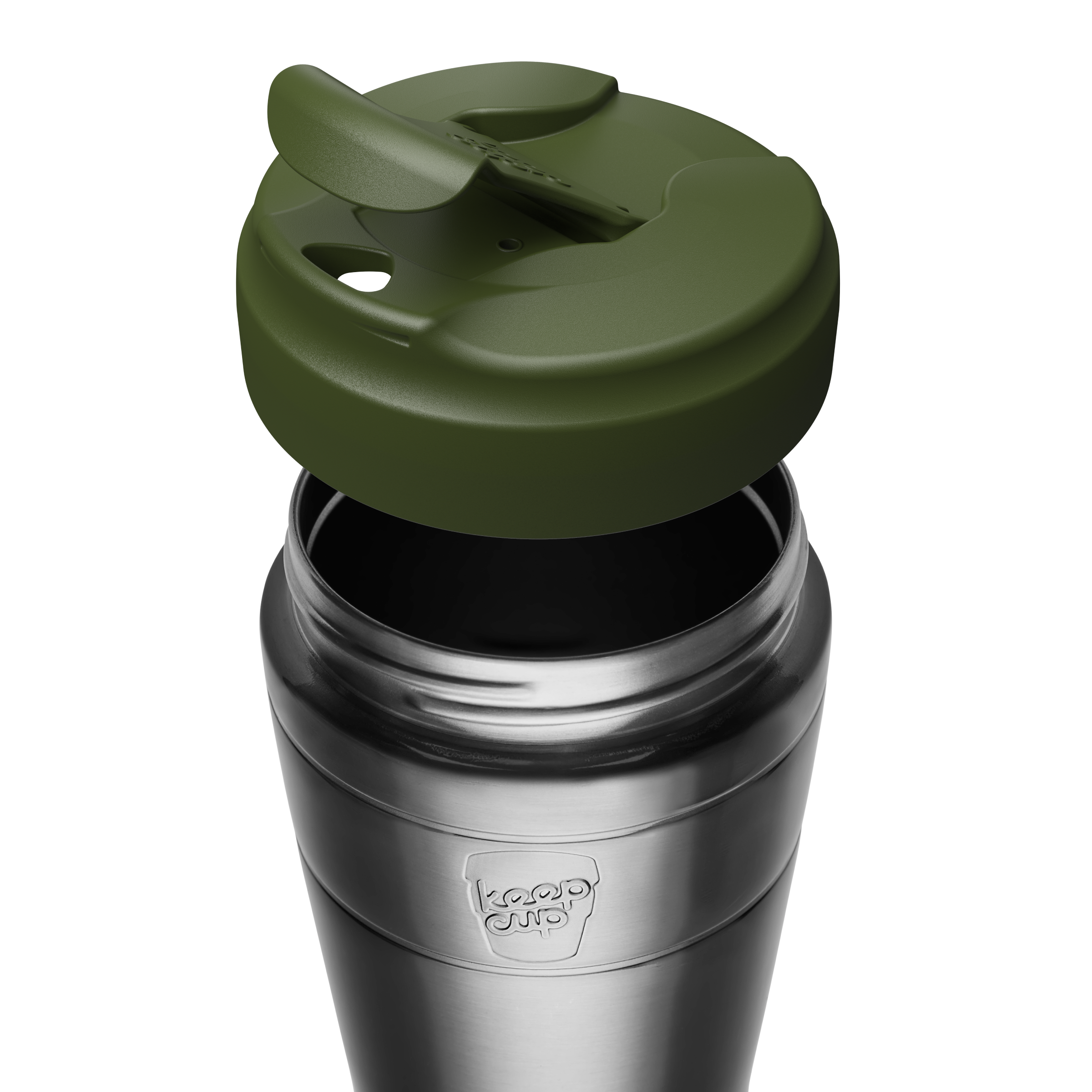 An pine green silicone lid with a flip-up straw cover, shown attached to a stainless steel KeepCup travel mug. The tumbler features a brushed silver finish with a silver shield logo embossed on the front.
