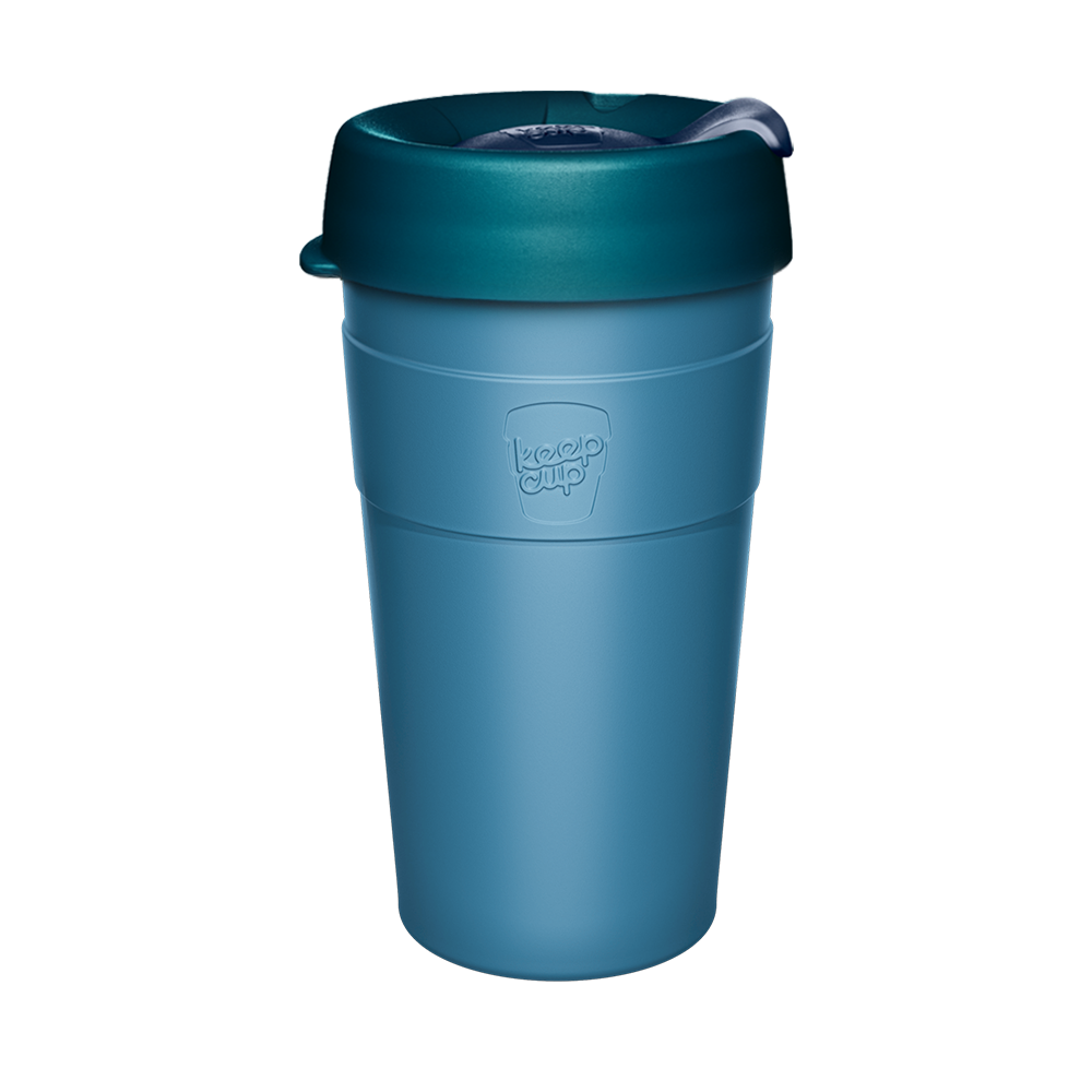 KeepCup Thermal L 16oz in Lagoon, a teal double-walled stainless steel reusable cup with matching lid and sipper, shown upright against a white background with the embossed KeepCup logo visible on the body.