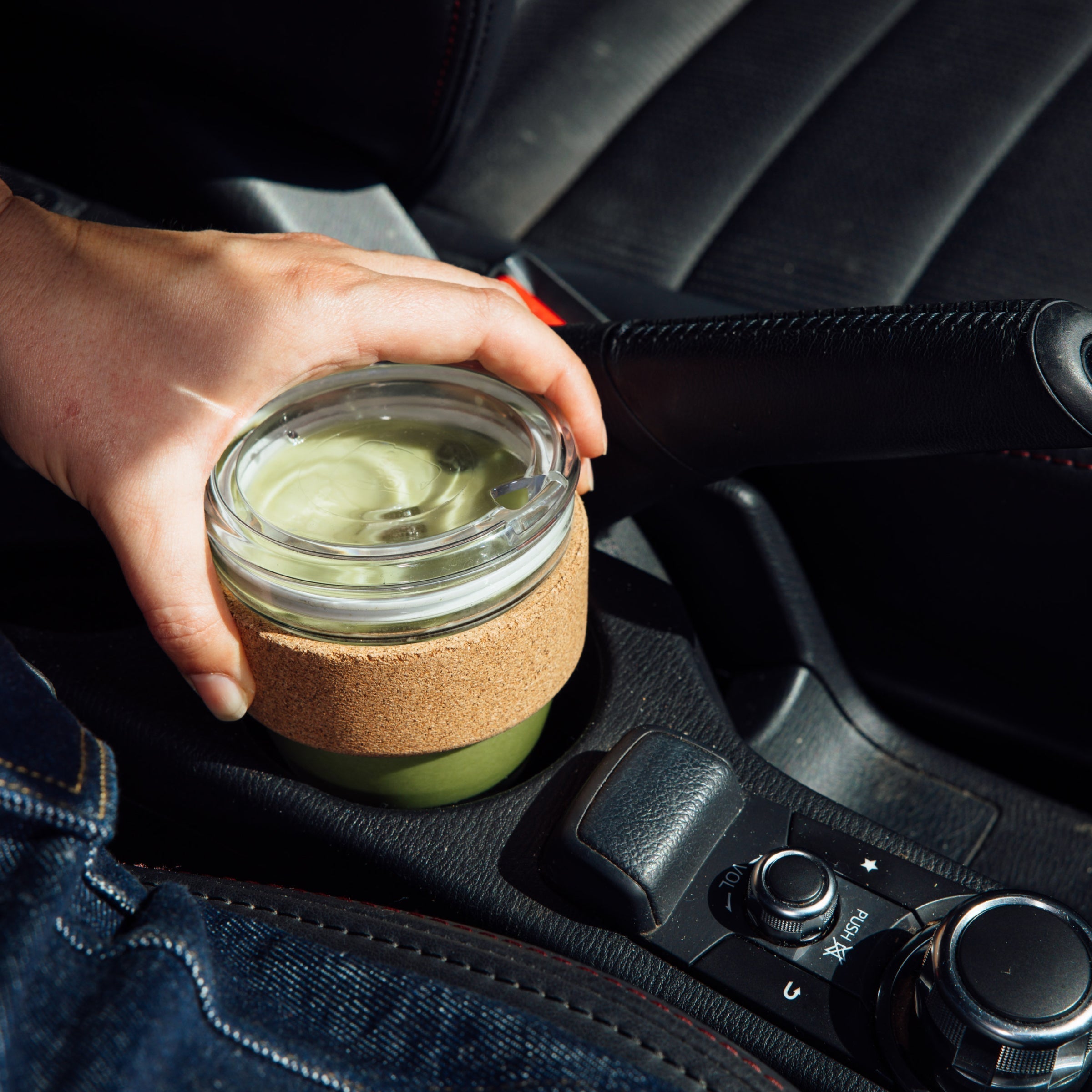Matcha in KeepCup Brew Cork Quicksip in car cup holder