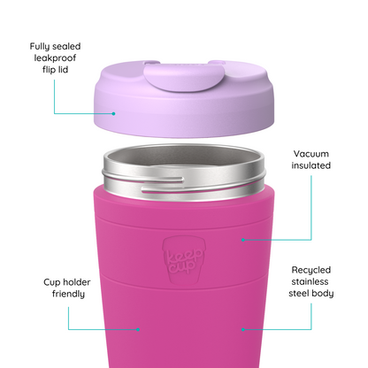 A pink KeepCup Cup vacuum-insulated stainless steel travel tumbler with a light purple flip lid, shown with callout lines and text labels highlighting features like the leakproof lid, vacuum insulation, cup holder friendliness, and recycled steel body.