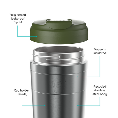 An exploded view diagram of a stainless steel KeepCup travel tumbler with a green flip lid, labeled with callouts for a fully sealed leakproof flip lid, vacuum insulation, cup holder friendliness, and recycled stainless steel body.
