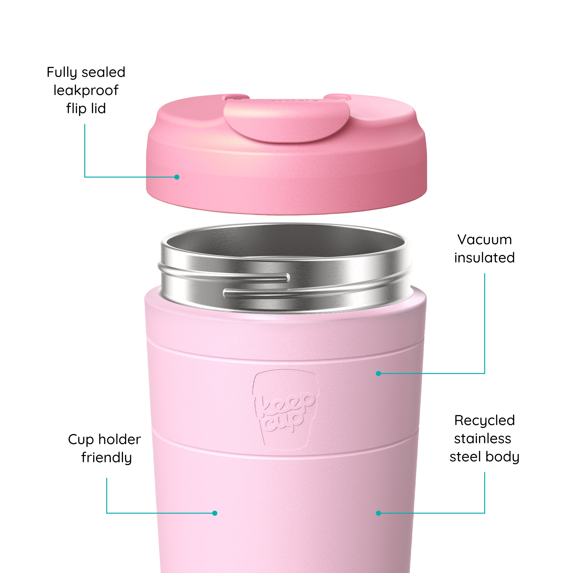 Pink vacuum-insulated KeepCup travel tumbler with a flip lid shown disassembled to highlight features, including a fully sealed leakproof flip lid, stainless steel interior, cup holder groove, and recycled steel body, on a white background.