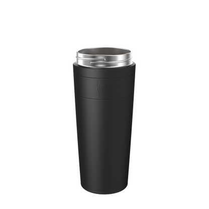 KeepCup Helix Stainless Steel Base in Black, XL 20oz, shown at a slight angle against a white background, featuring a matte black exterior with embossed KeepCup logo and stainless steel rim.
