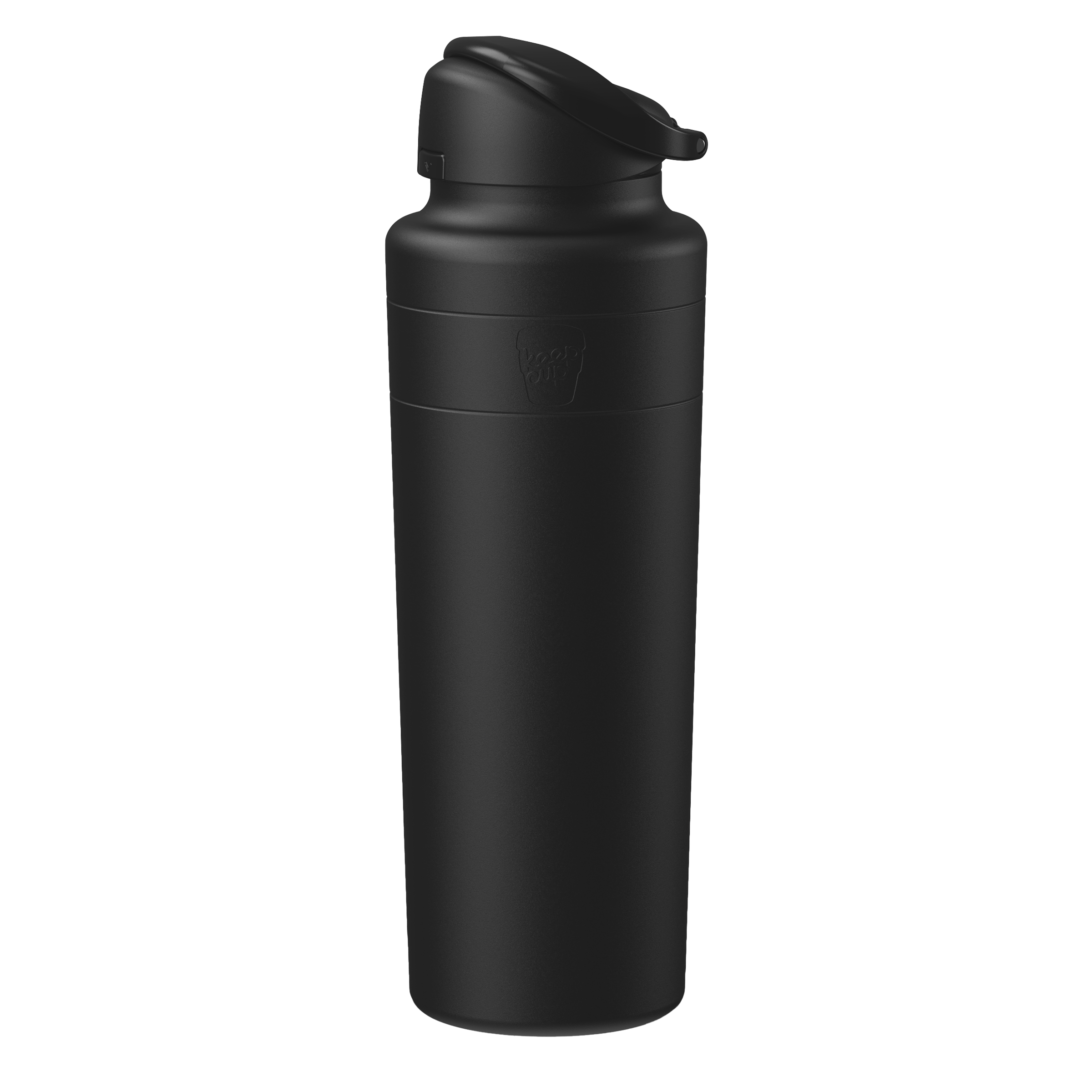 Black water bottle with a screw-on cap on a transparent background