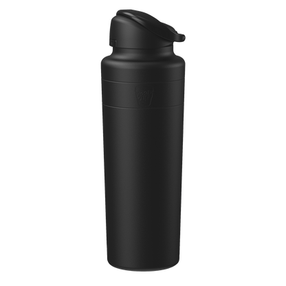 Black water bottle with a screw-on cap on a transparent background
