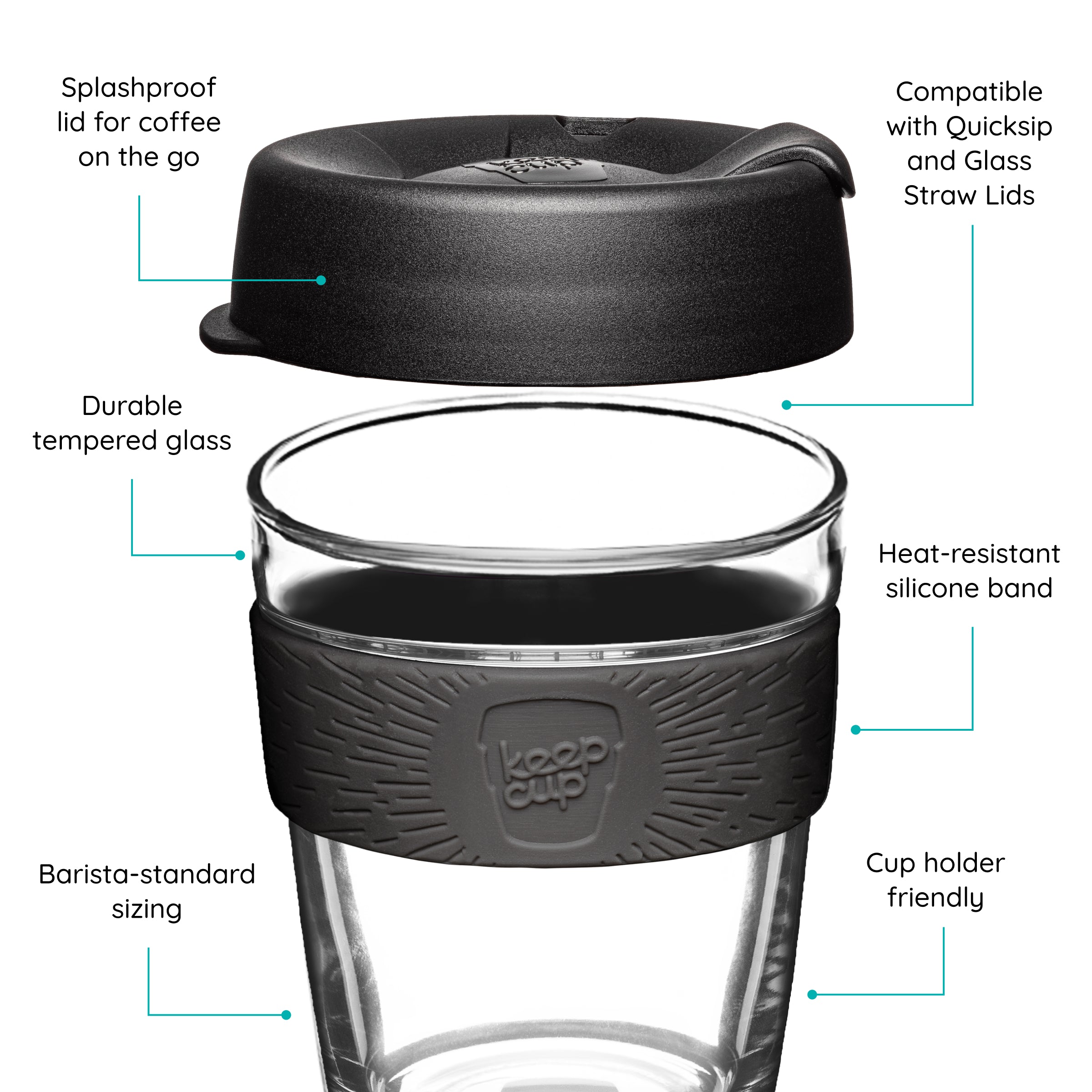 KeepCup reusable cup with black lid and black band on a white background that features text 