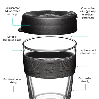 KeepCup reusable cup with black lid and black band on a white background that features text 