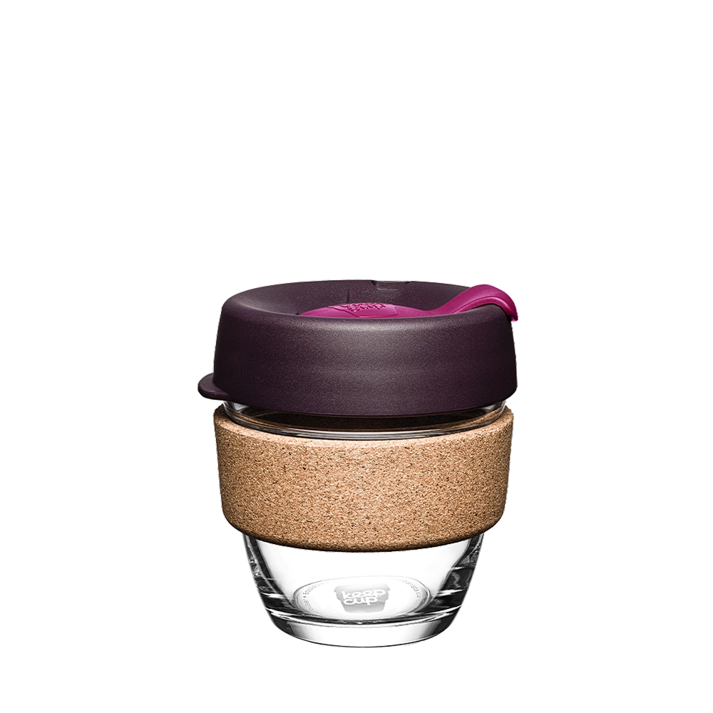 KeepCup Brew Cork S 8oz in Nutmeg, featuring a clear tempered glass cup with natural cork band, dark plum-coloured lid and bright pink plug, shown on a plain white background.