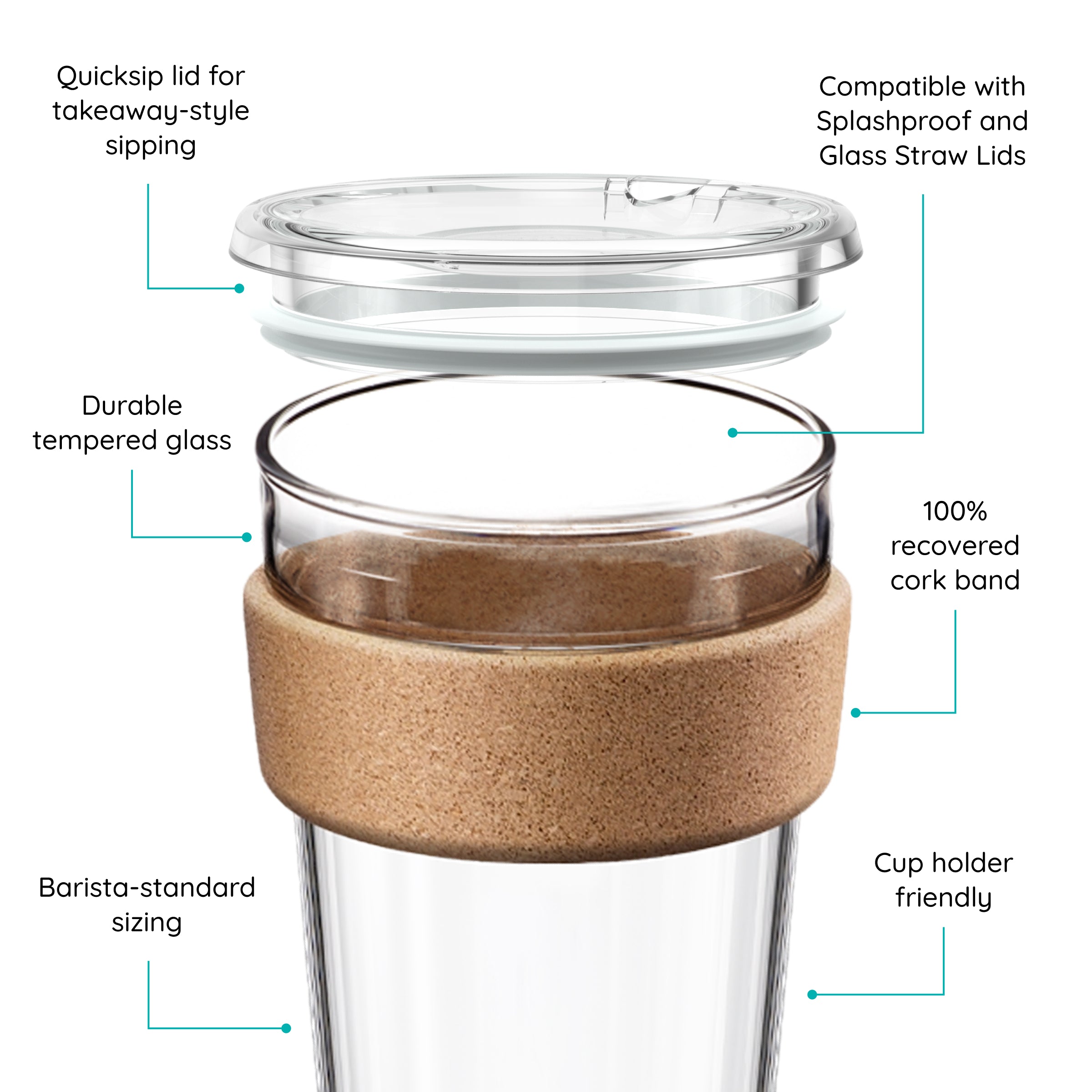 KeepCup glass coffee cup with cork band and lid, featuring text on a white background.
