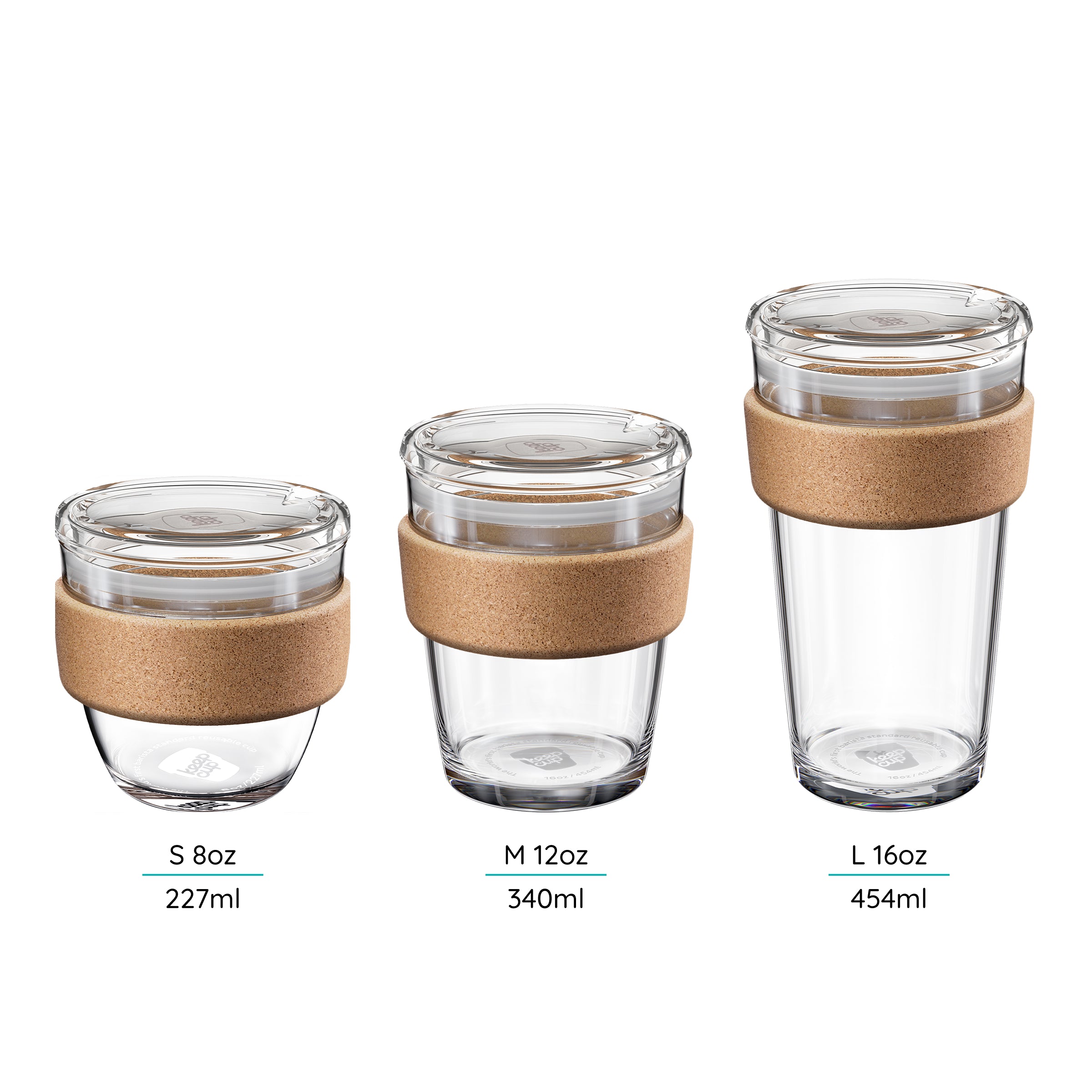Three KeepCup Reusable glass cups with cork bands of different sizes on a white background