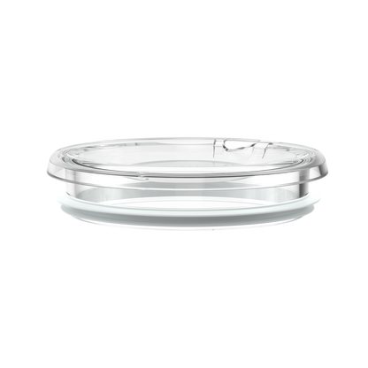 Quicksip Lid in clear transparent plastic, shown from a low side angle against a white background, featuring a sliding sip opening on top and a white silicone seal ring around the base.