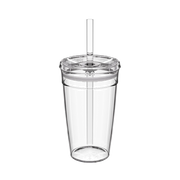 Clear transparent KeepCup Cold Cup Original L 16oz with matching coffee straw, shown from a front angle against a white background, displaying the reusable cup and secure lid design.