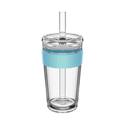 KeepCup Cold Cup Longplay Boba L 16oz in Cloud, featuring a clear double-walled glass cup with light blue silicone band, transparent lid and reusable straw, shown in a product studio shot against a white background.