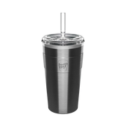 KeepCup Cold Cup Thermal L 16oz in Nitro, a brushed stainless steel reusable cup with clear plastic lid and straw, shown from a front angle against a white background.