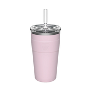 KeepCup Cold Cup Thermal L 16oz in Pashmak Pink, featuring a soft pink insulated stainless steel tumbler with silicone band, clear plastic lid with straw hole, and transparent reusable straw, shown against a white background.
